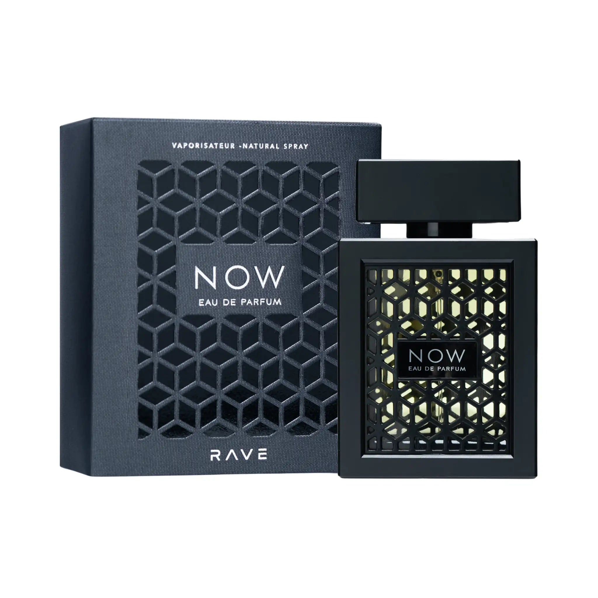 Frasco y caja de Now Rave Eau de Parfum Para Hombre