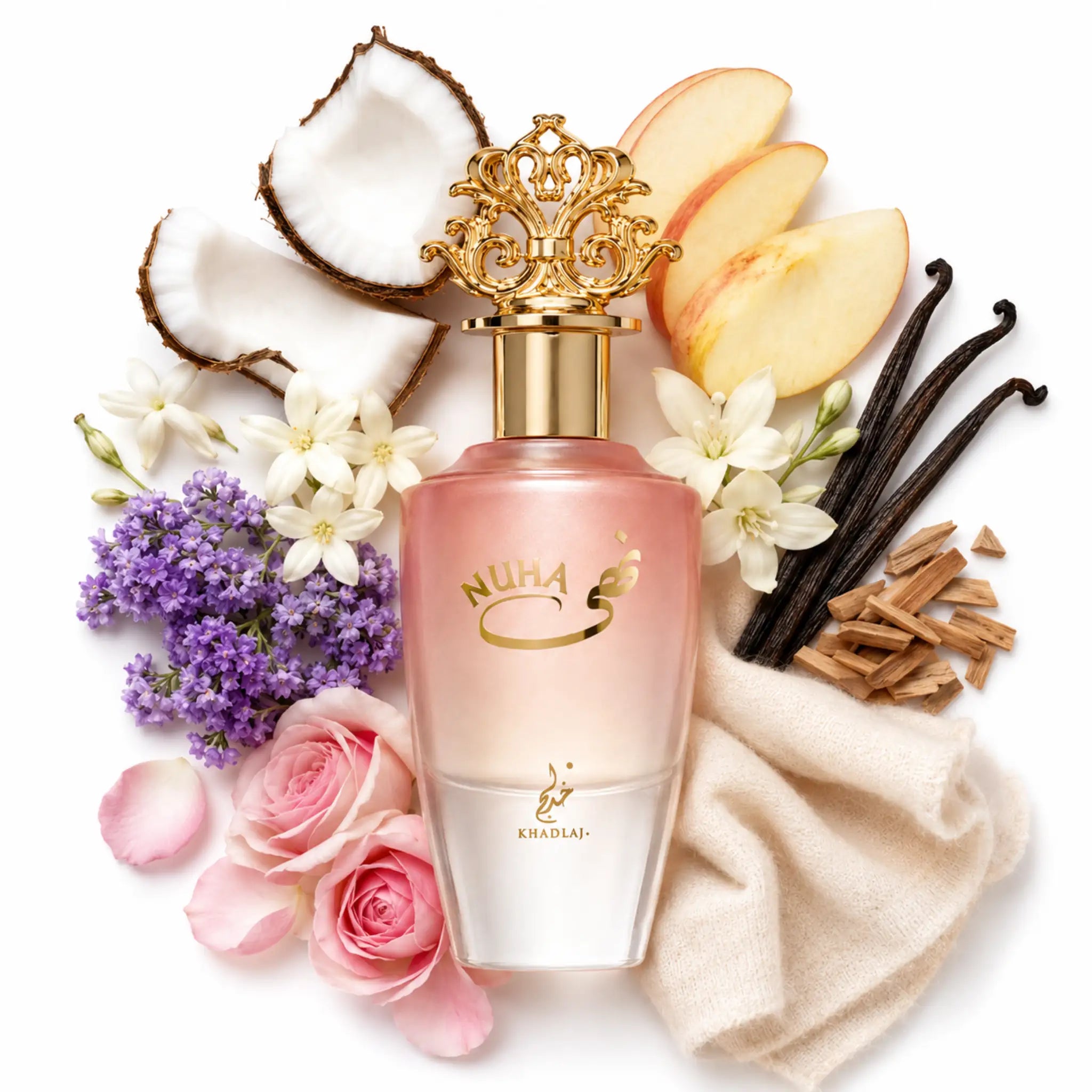 Fondo con ingredientes del perfume Nuha Khadlaj Eau de Parfum
