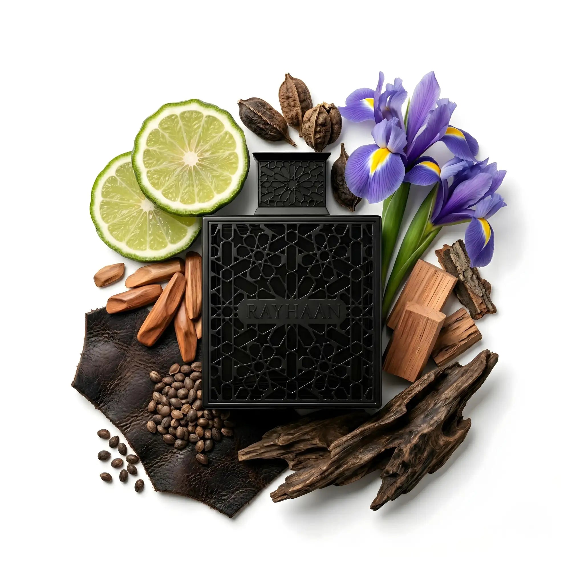 Obsidian Rayhaan Eau de Parfum Para Hombre con fondo blanco con ingredientes