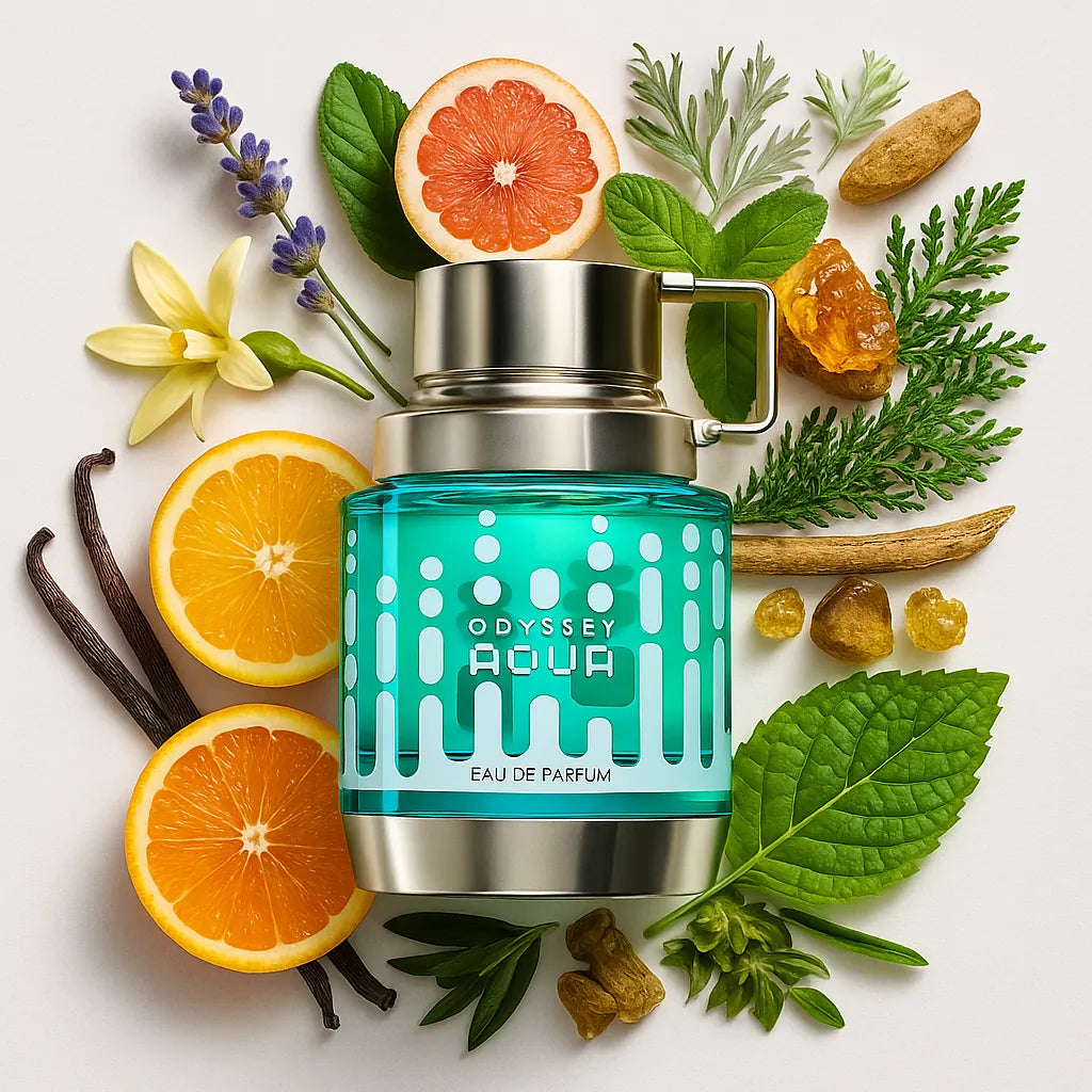 Odyssey Aqua Edition Armaf Eau de Parfum Para Hombre con fondo de ingredientes