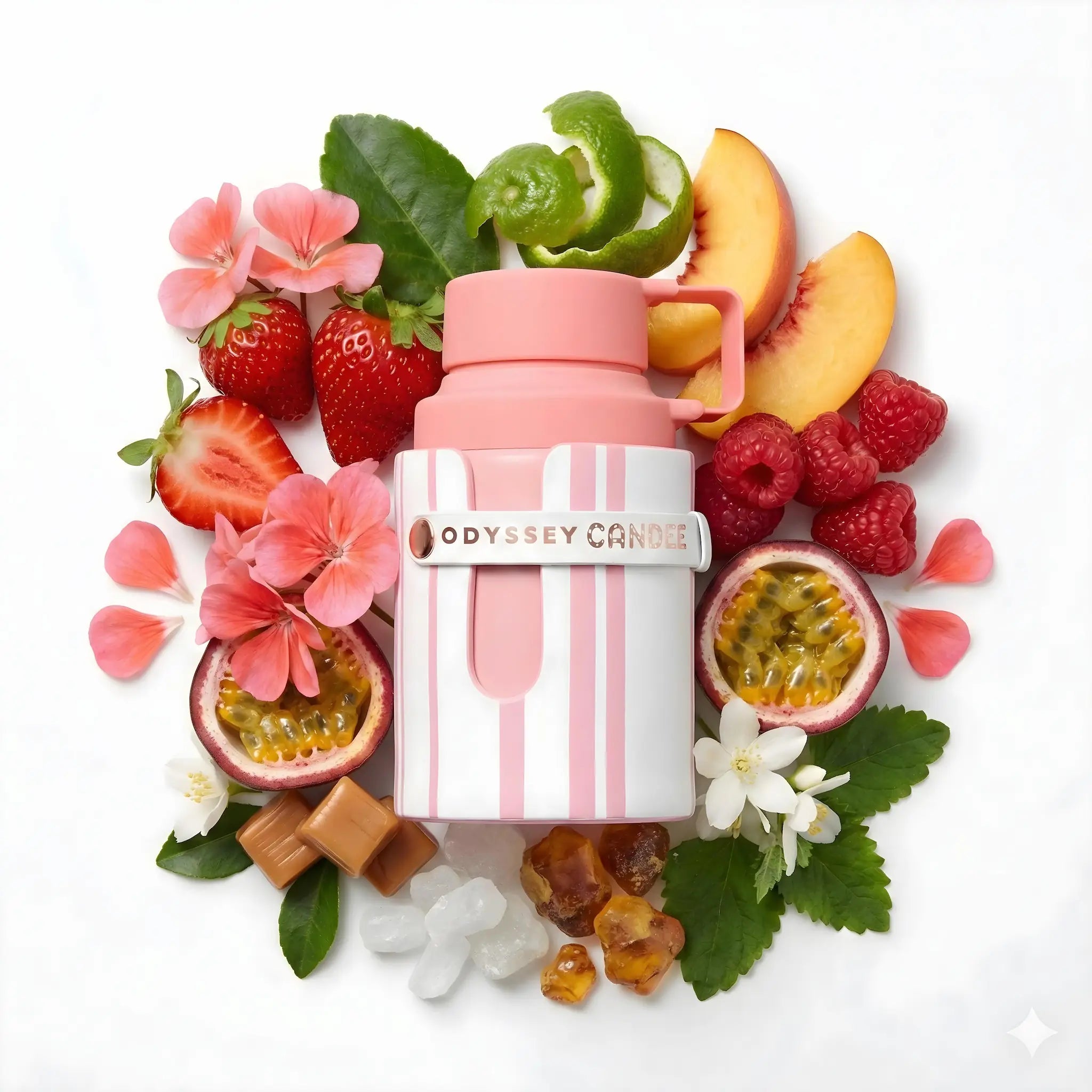 Odyssey Candee Armaf Eau de Parfum Para Mujer con fondo de ingredientes