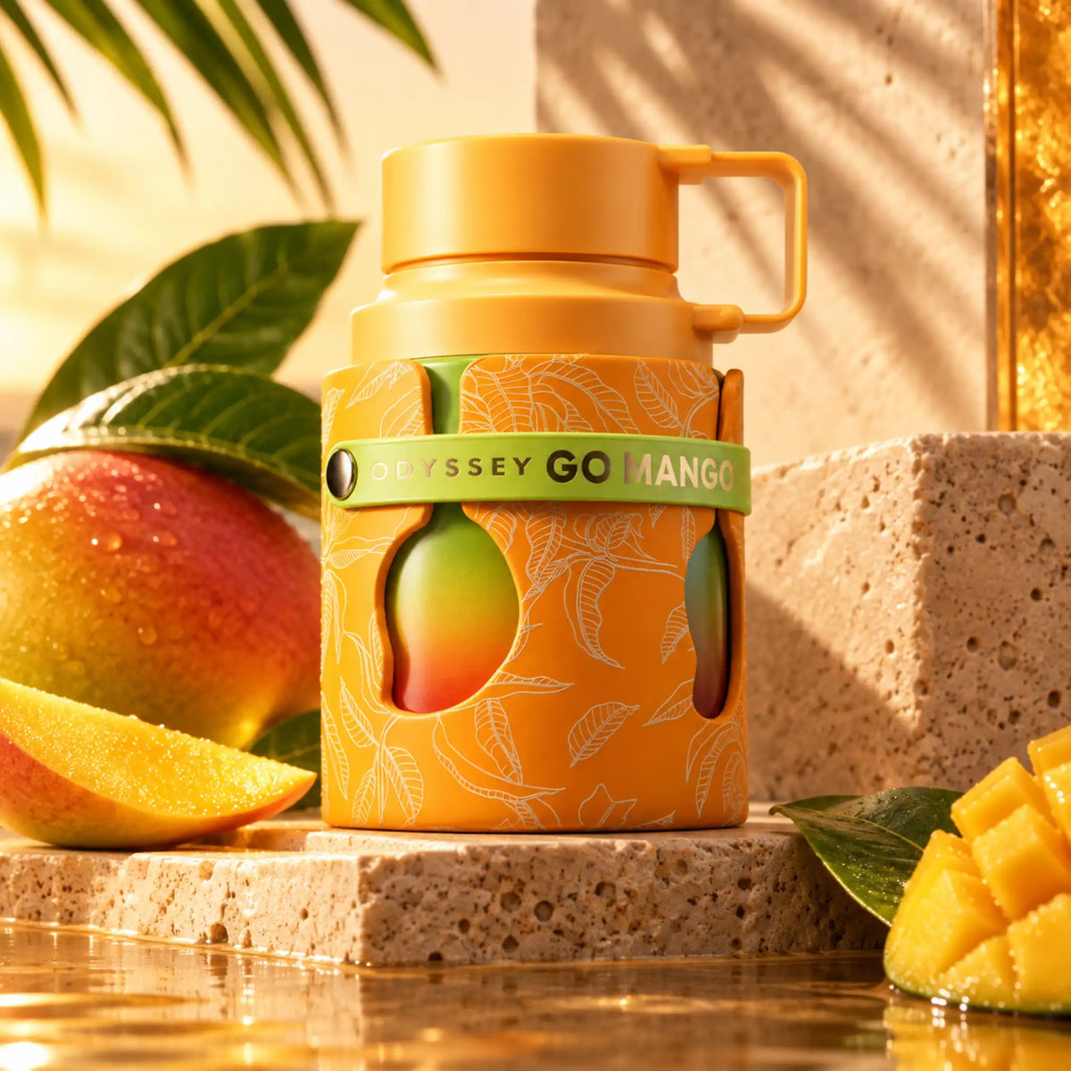 Odyssey Go Mango Armaf Eau de Parfum fondo creativo con mangos