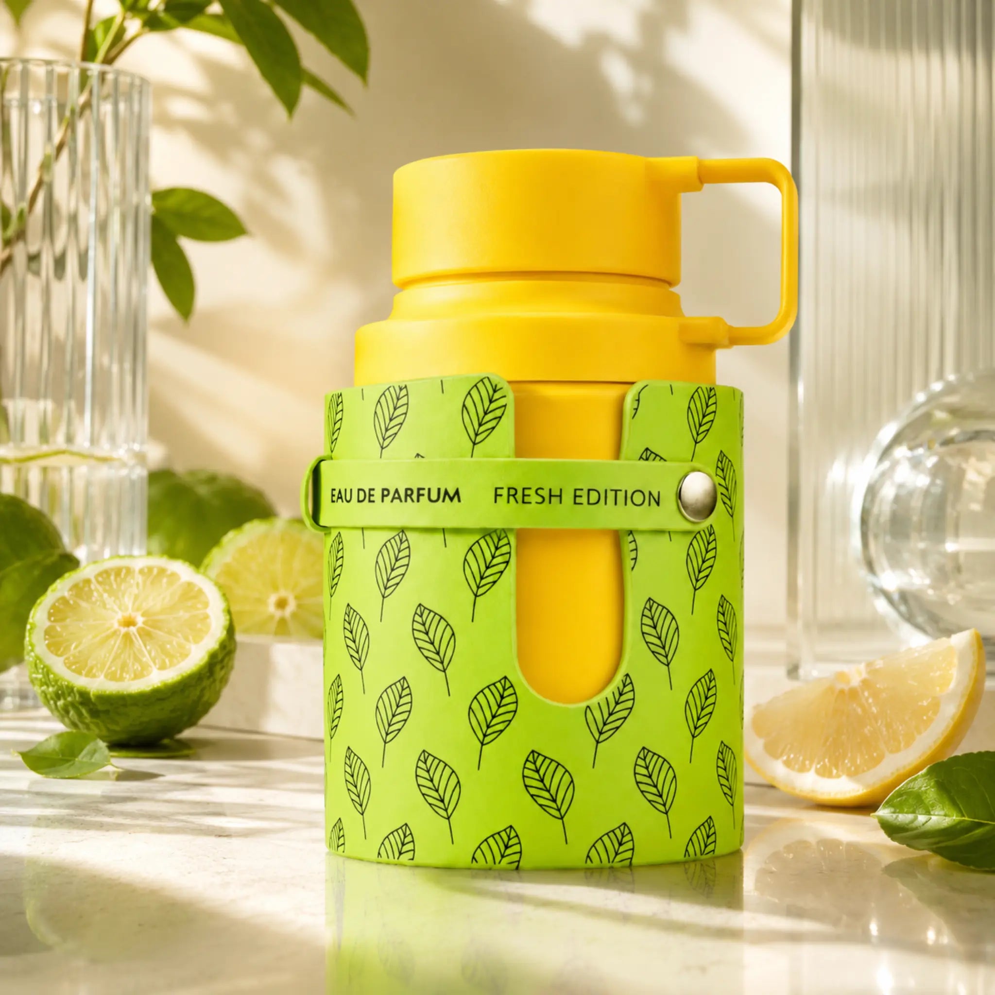 Odyssey Limoni Fresh Armaf Eau de Parfum con limones de fondo