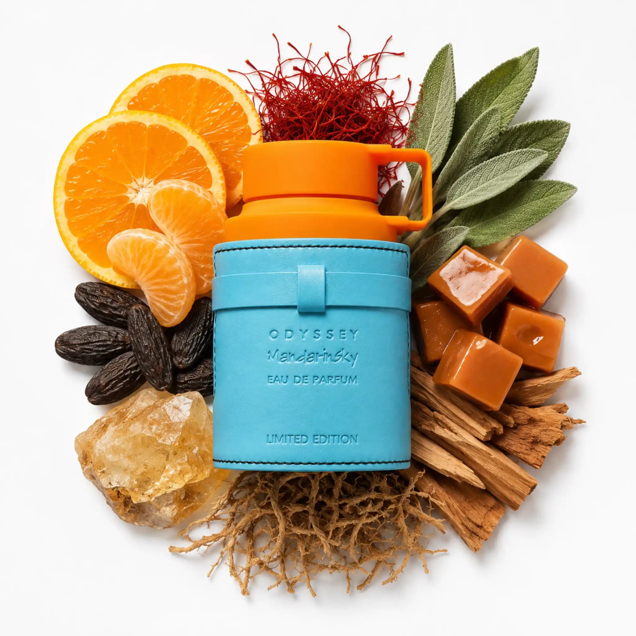 Odyssey Mandarin Sky Armaf Eau de Parfum Para Hombre con fondo de ingredientes