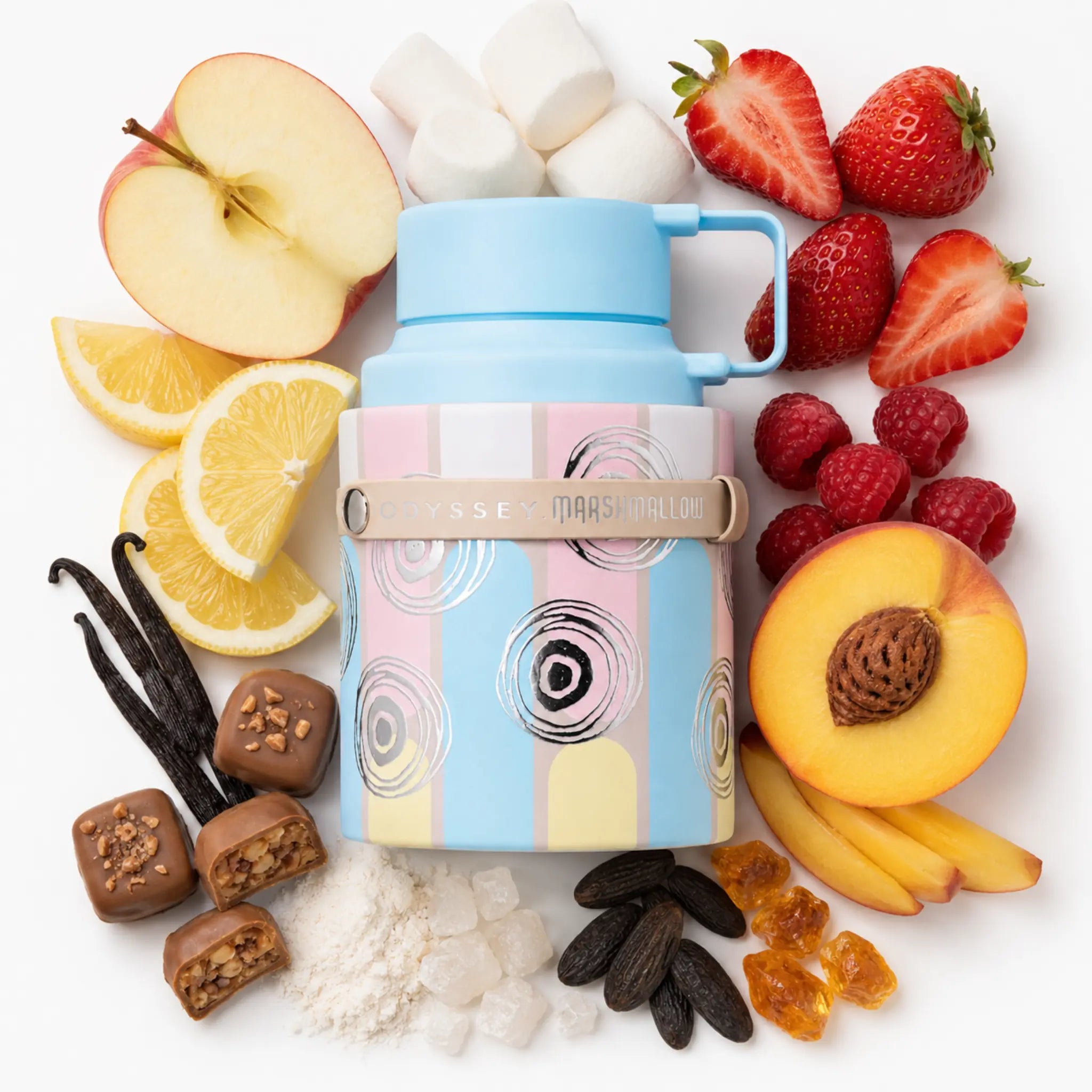 Odyssey Marshmallow Armaf Eau de Parfum con ingredientes de fondo