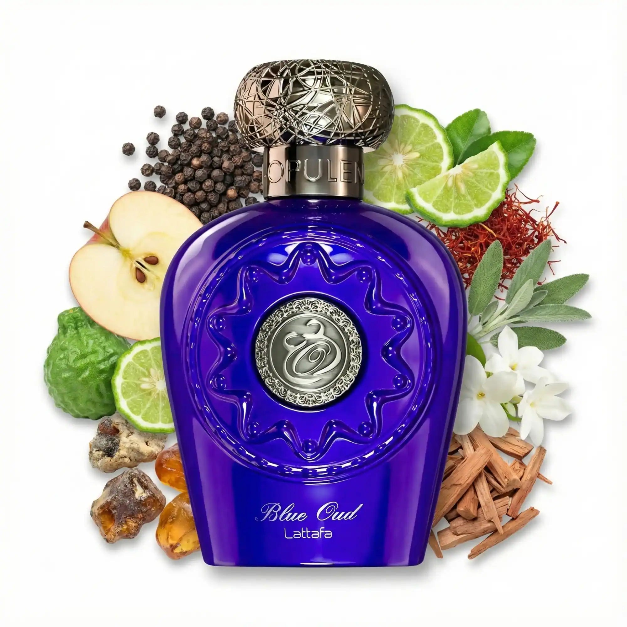 Opulent Blue Oud Lattafa Eau de Parfum Unisex con fondo de ingredientes