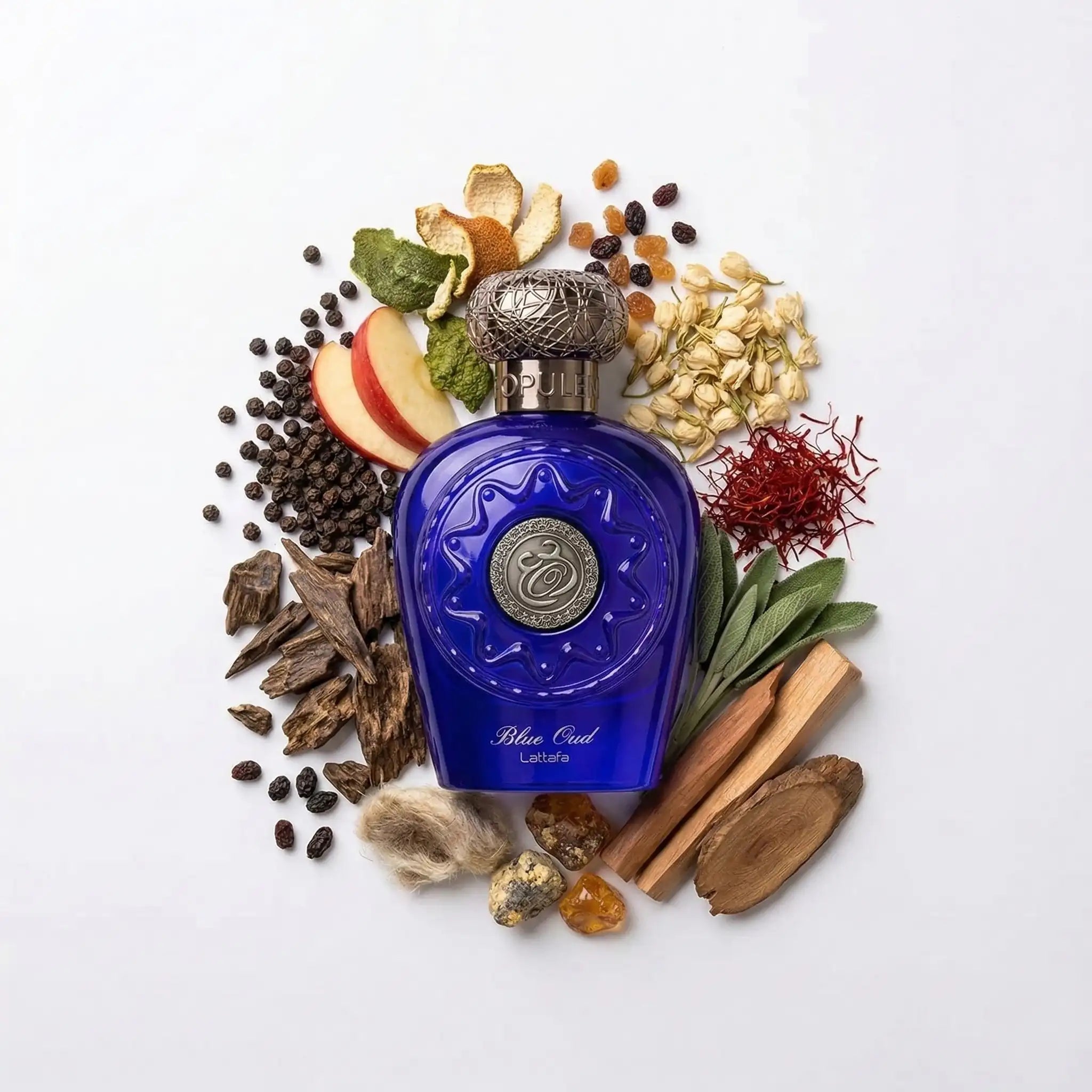 Opulent Blue Oud Lattafa Eau de Parfum Unisex con fondo de ingredientes
