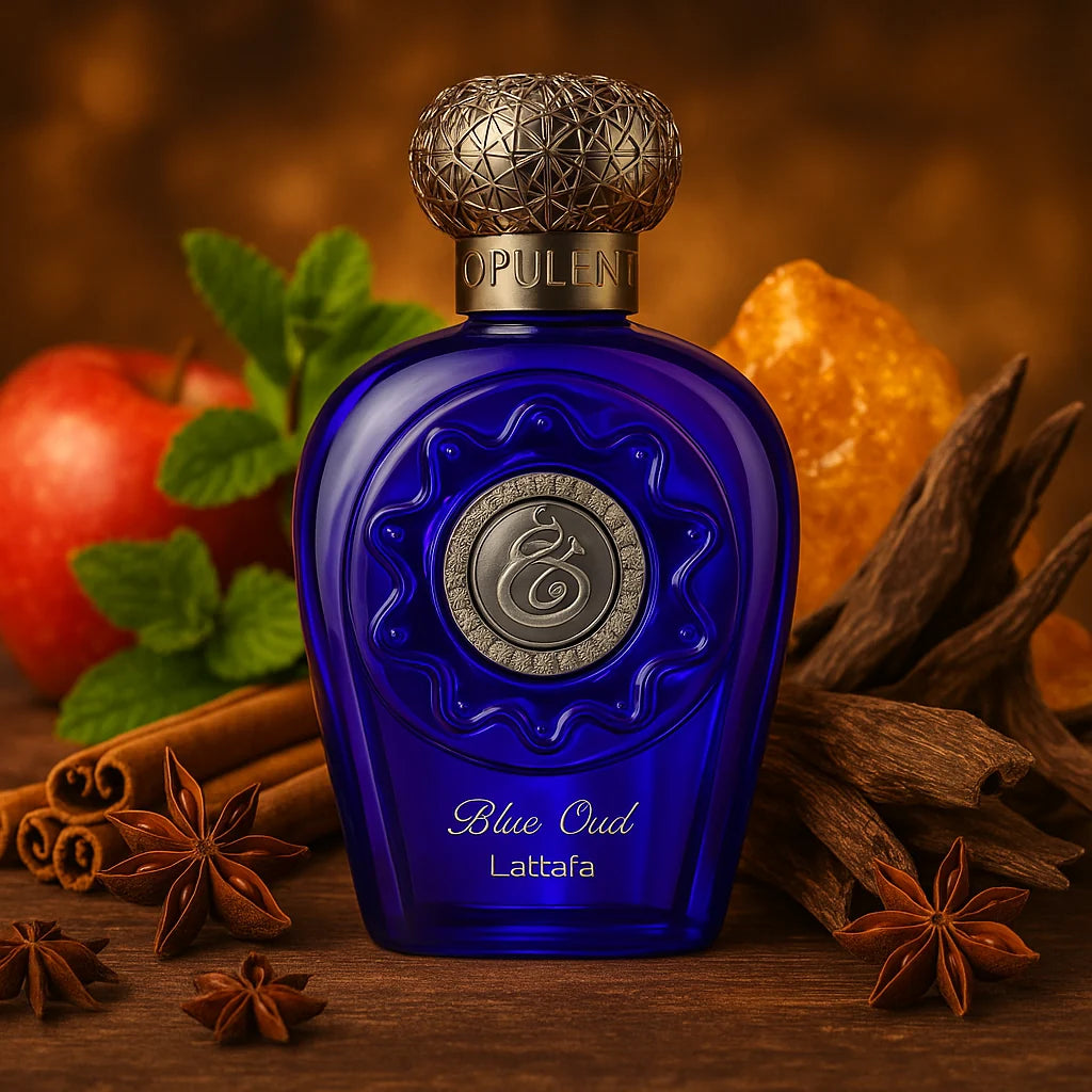 Opulent Blue Oud Lattafa Eau de Parfum Unisex con fondo de canela