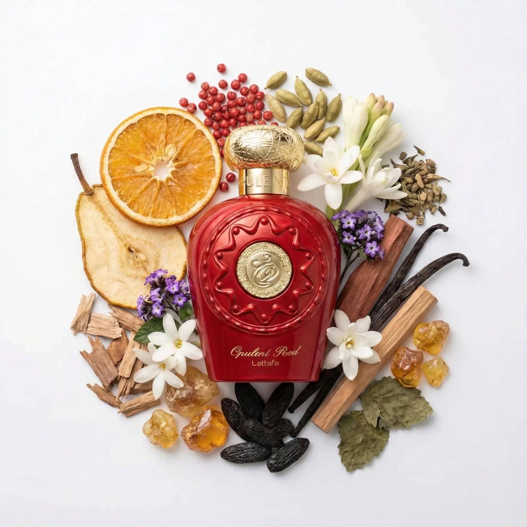 Opulent_Red_Lattafa_Eau_de_Parfum_Para_Mujer_Fondo_Blanco_Pera_Naranja