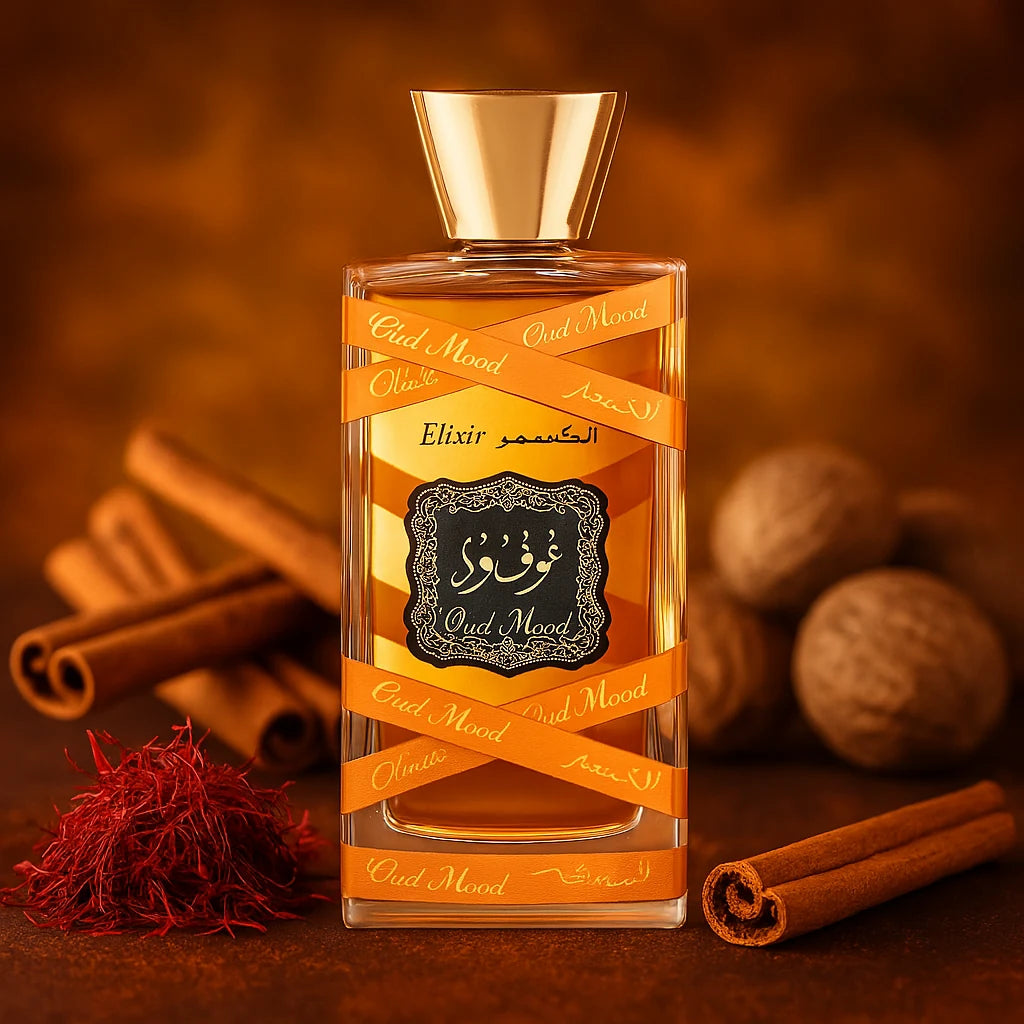 Oud Mood Elixir Lattafa Eau de Parfum Unisex con fondo de canela