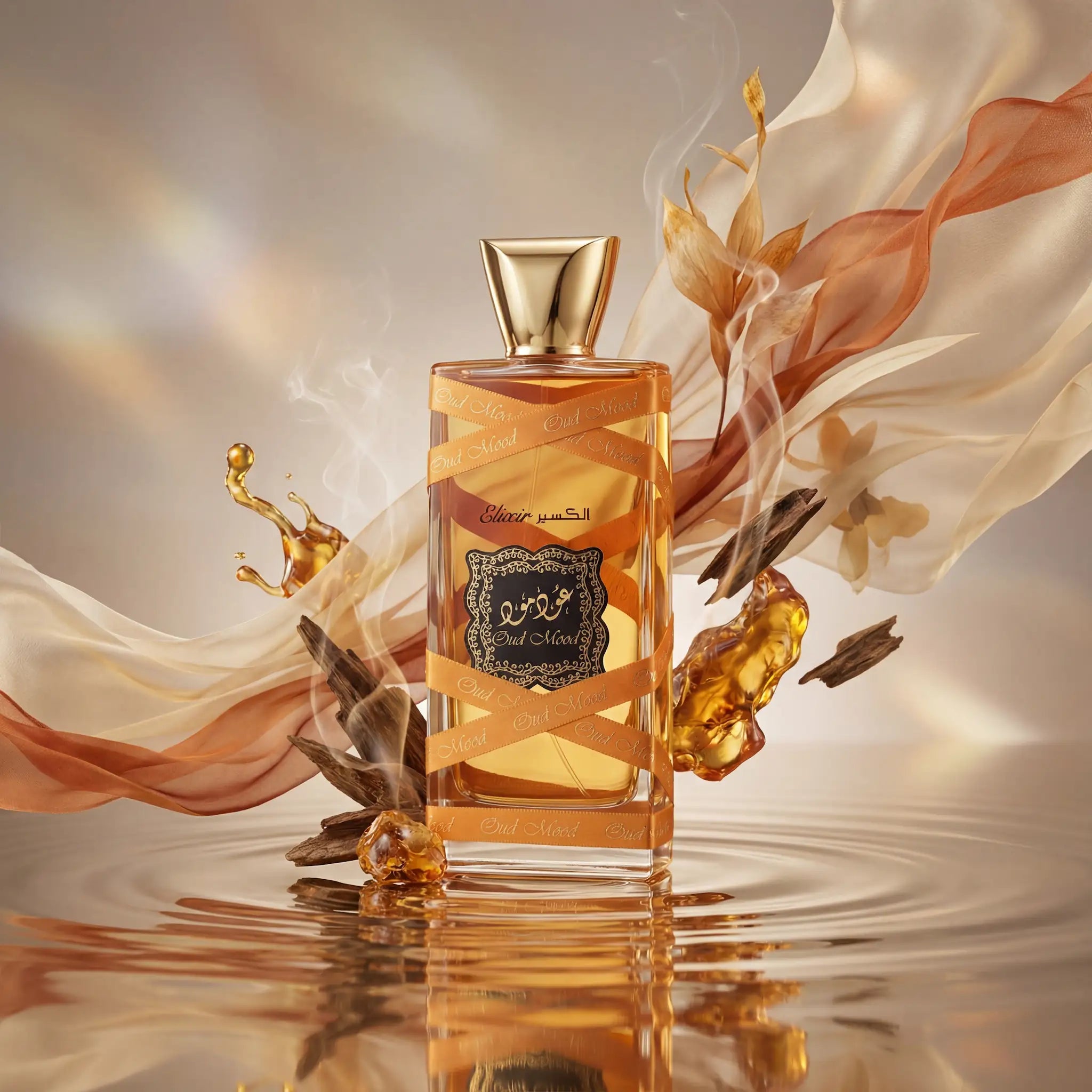 Oud Mood Elixir Lattafa Eau de Parfum Unisex con fondo creativo naranja