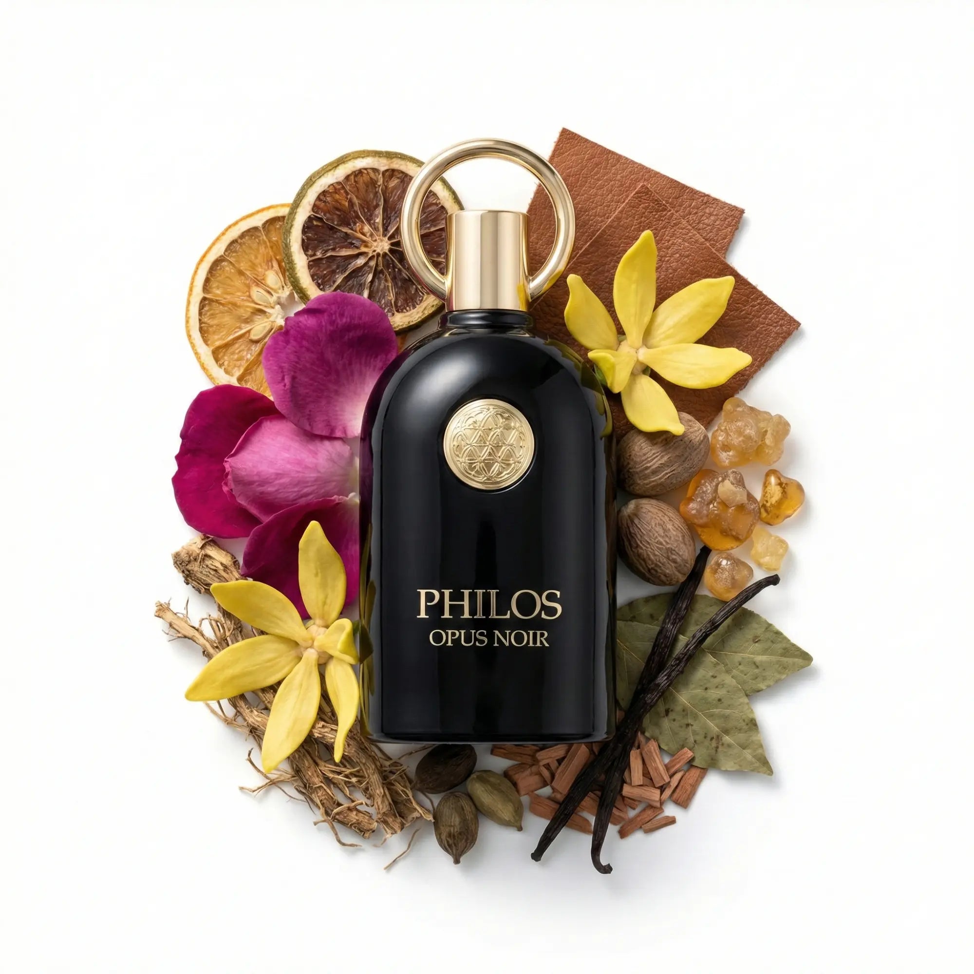 Philos_Opus_Noir_Maison_Alhambra_Eau_de_Parfum_Unisex_Fondo_Blanco_Cuero_Ambar
