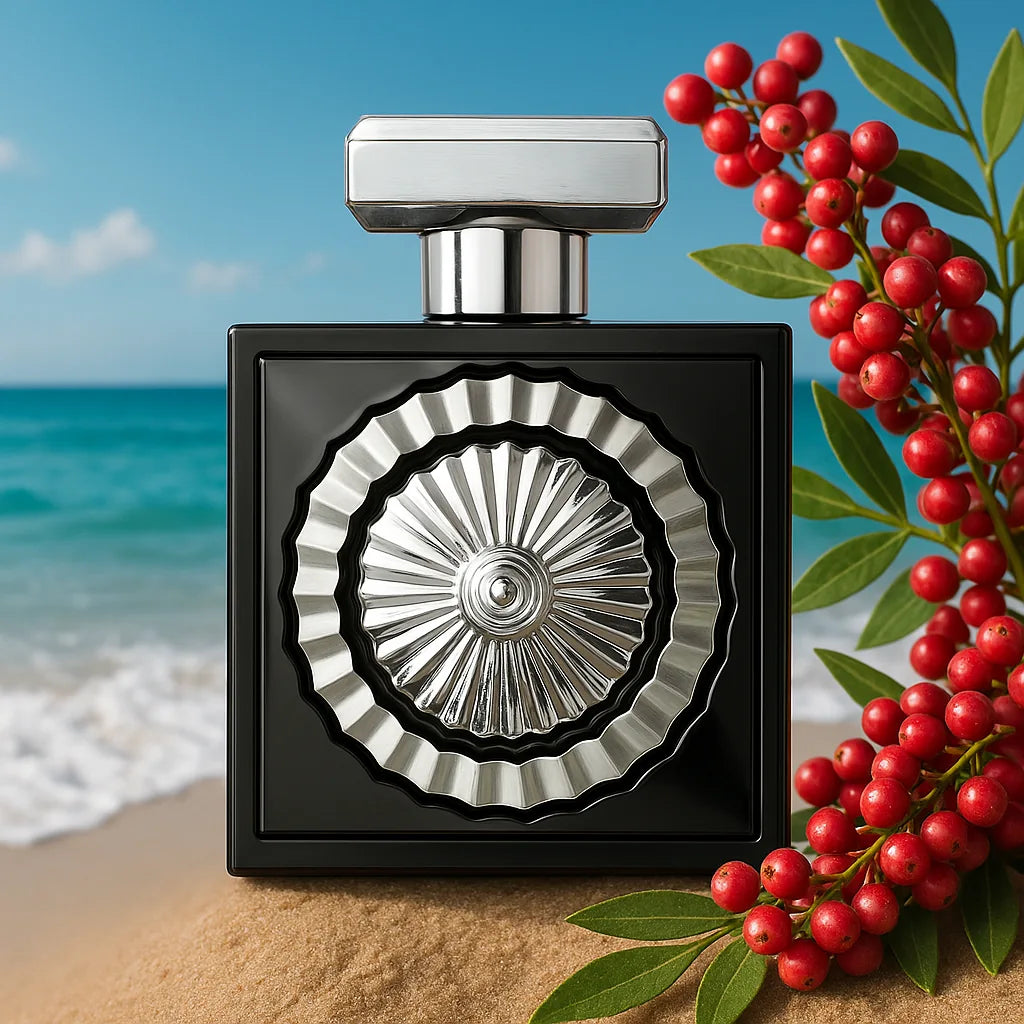 Pride Wajood Lattafa Eau de Parfum Para Hombre con fondo de playa