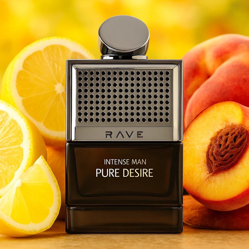 Pure Desire Intense Rave Eau de Parfum Para Hombre con fondo de frutas