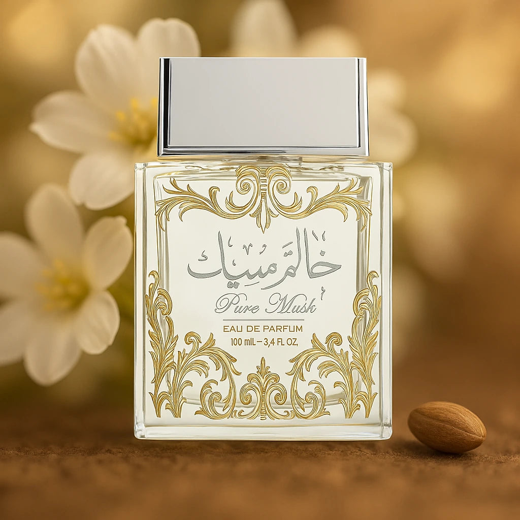 Pure Musk Lattafa Eau de Parfum Unisex con fondo de flores