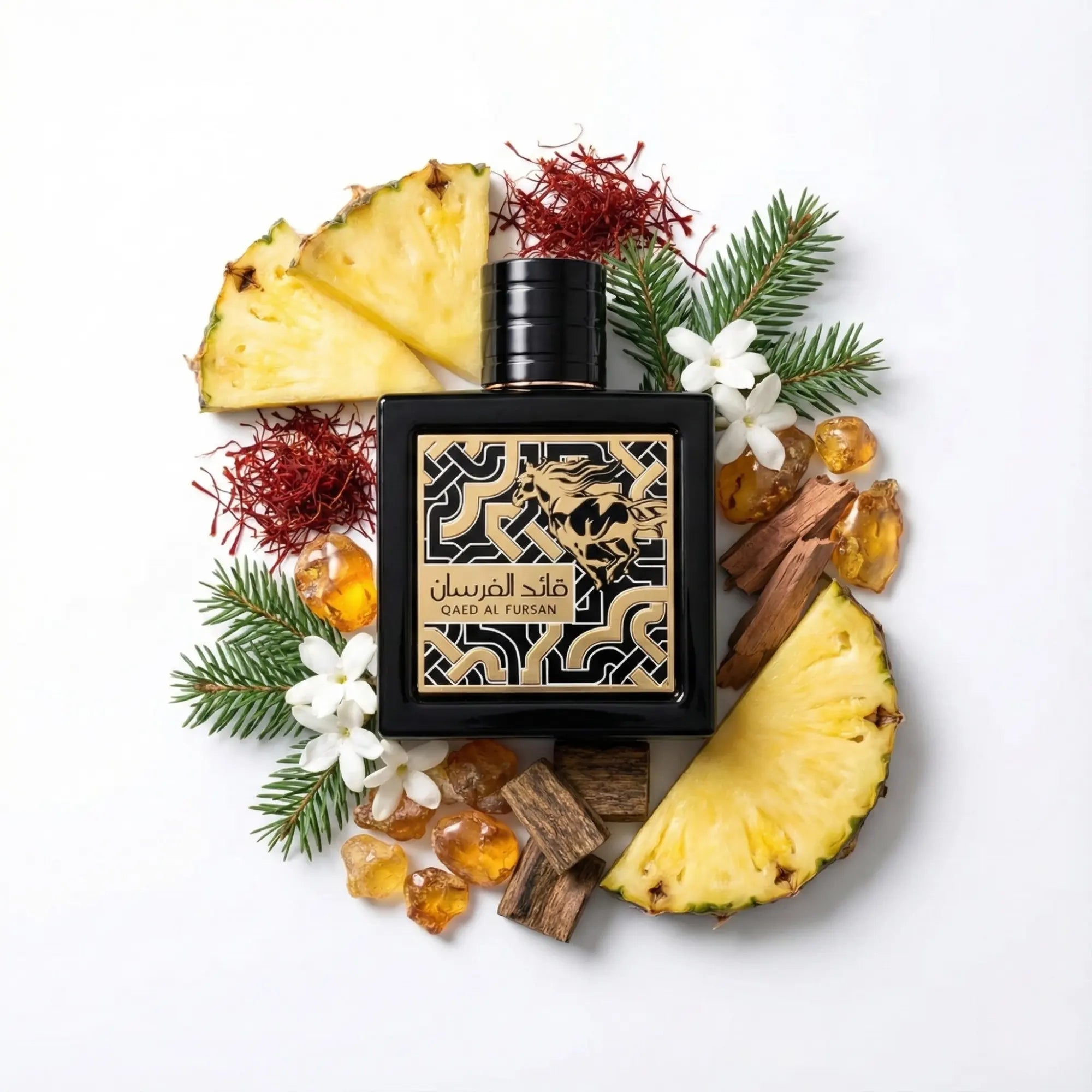 Qaed_Al_Fursan_Lattafa_Eau_de_Parfum_Unisex_Fondo_Blanco_Piña_Azafran