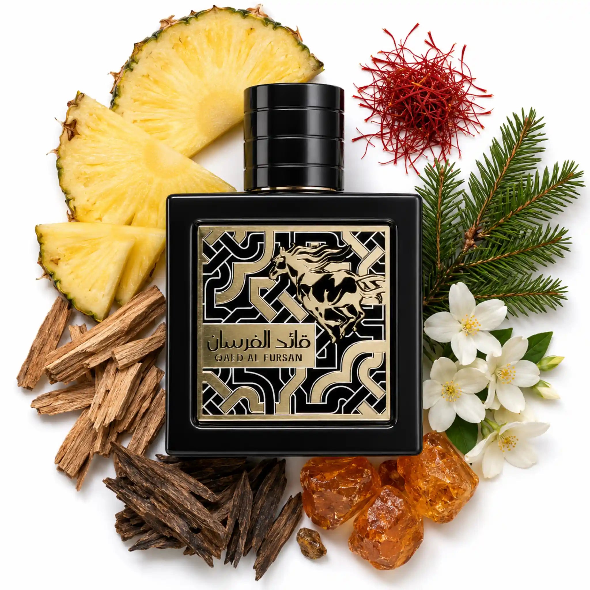 Qaed_Al_Fursan_Lattafa_Eau_de_Parfum_Unisex_Fondo_Blanco_Piña_Azafran
