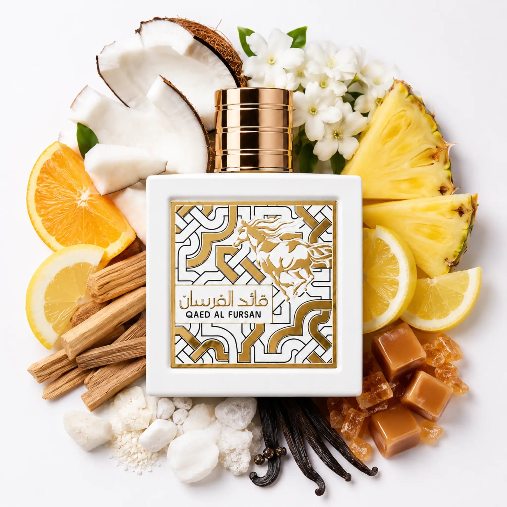 Qaed_Al_Fursan_Unlimited_Lattafa_Eau_de_Parfum_Unisex_fondo_blanco_Coco_Citricos_Piña_Jazmin