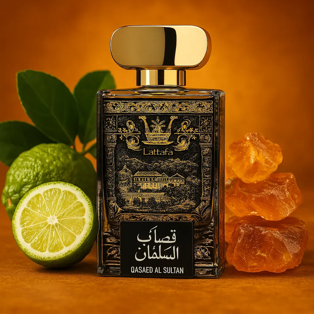 Qasaed Al Sultan Lattafa Eau de Parfum Unisex con fondo de lima