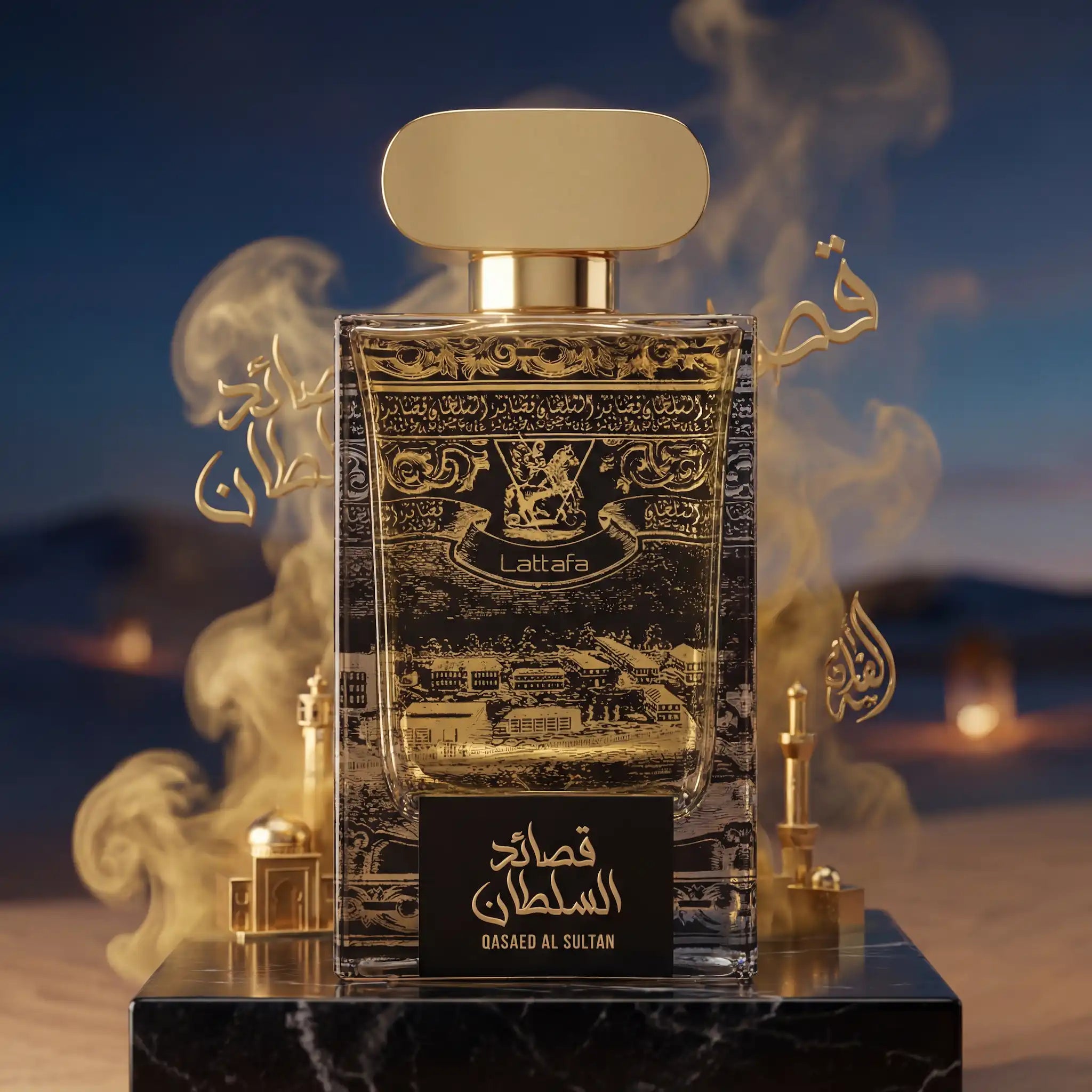 Qasaed Al Sultan Lattafa Eau de Parfum Unisex con fondo creativo desértico