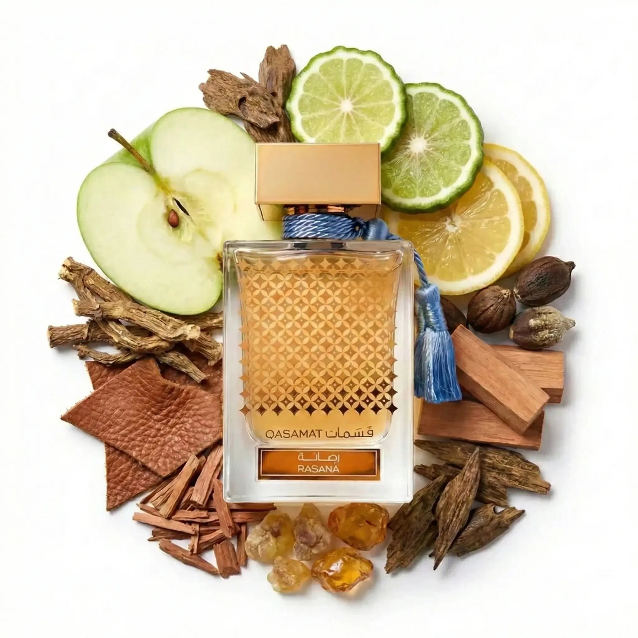Qasamat_Rasana_Rasasi_Eau_de_Parfum_Unisex_Fondo_Blanco_Manzana_Bergamota_Limon_Cipriol_Cuero_Sandalo_Almizcle_Madera