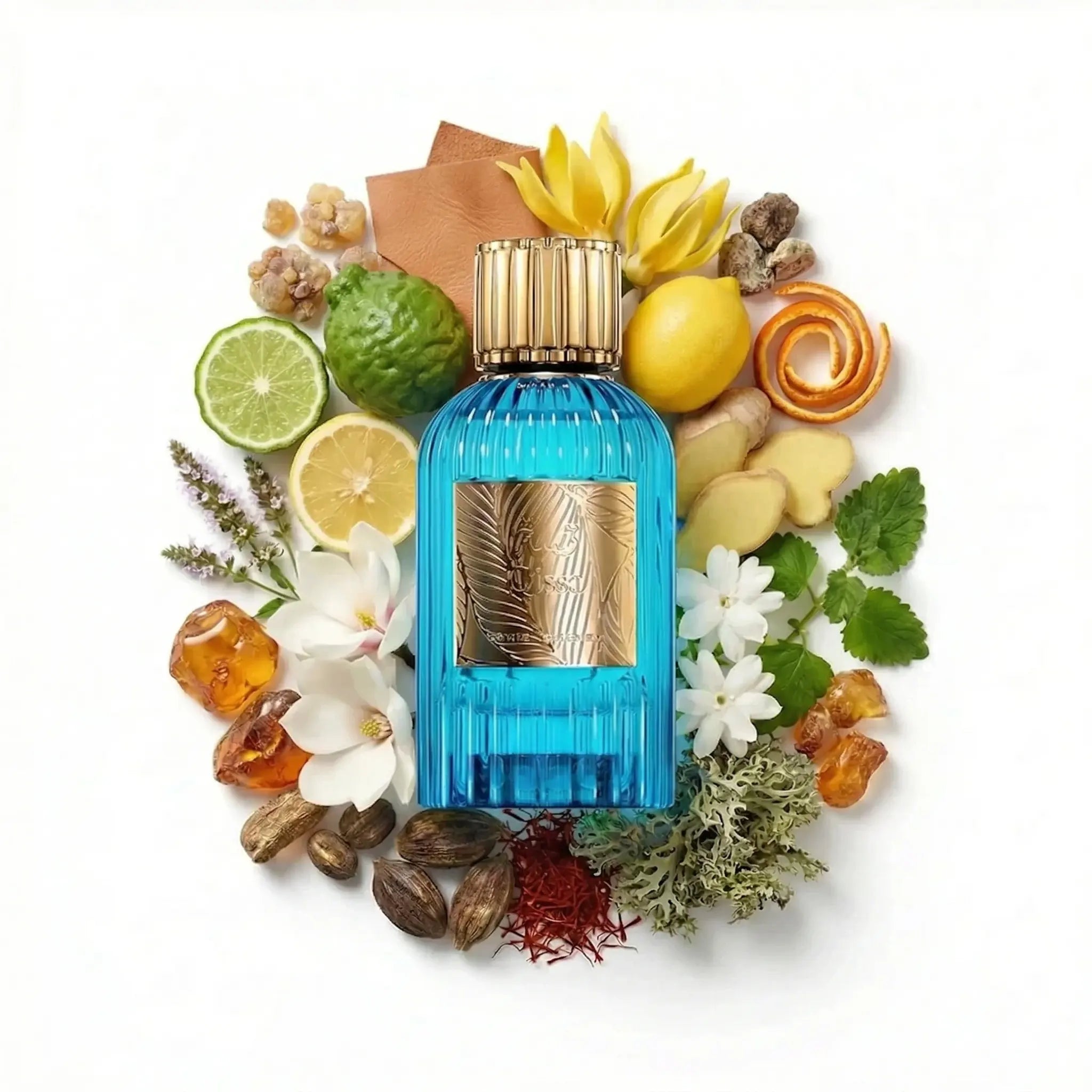 Qissa_Blue_Paris_Corner_Eau_de_Parfum_Unisex_Fondo_Blanco_Limon_Cuero