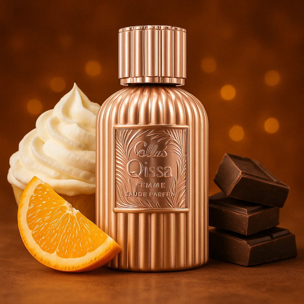 Qissa Delicious Paris Corner Eau de Parfum Para Mujer con fondo de chocolate