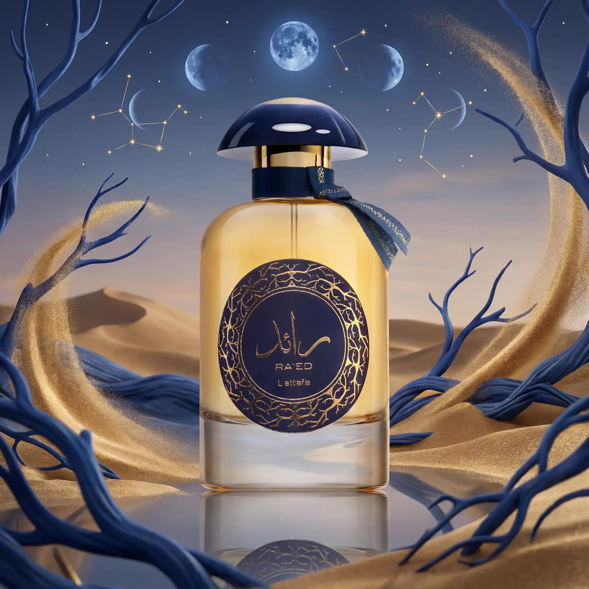 Ra ed Luxe Lattafa Eau de Parfum Unisex con fondo creativo lunar desértico
