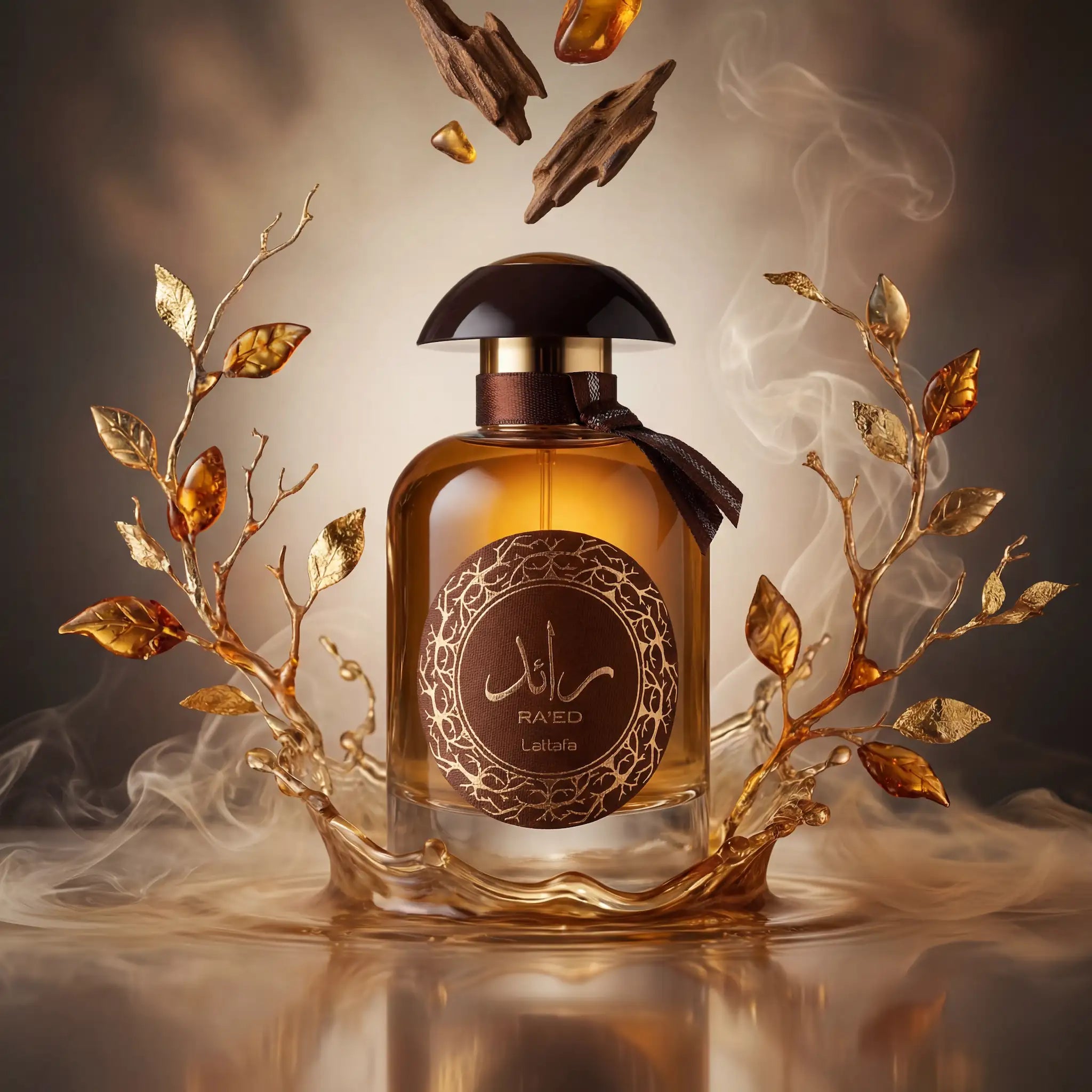 Ra ed Oud Lattafa Eau de Parfum Para Hombre con fondo creativo de hojas naranjas