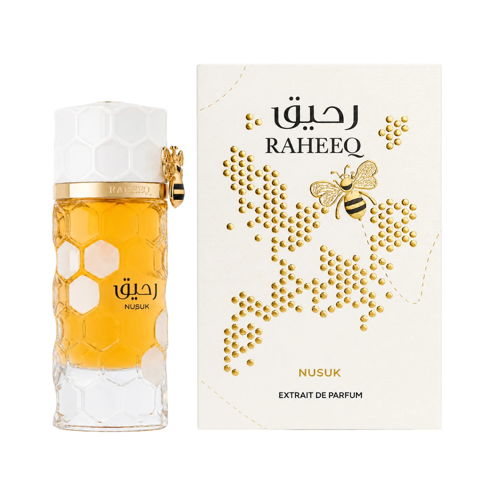 Caja y botella de Raheeq Nusuk Extrait de Parfum