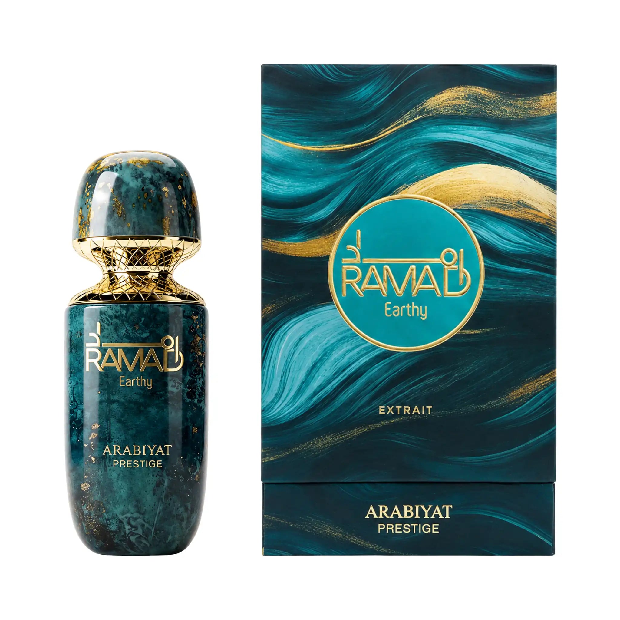 Caja y botella de Ramad Earthy Arabiyat Prestige Extrait de Parfum