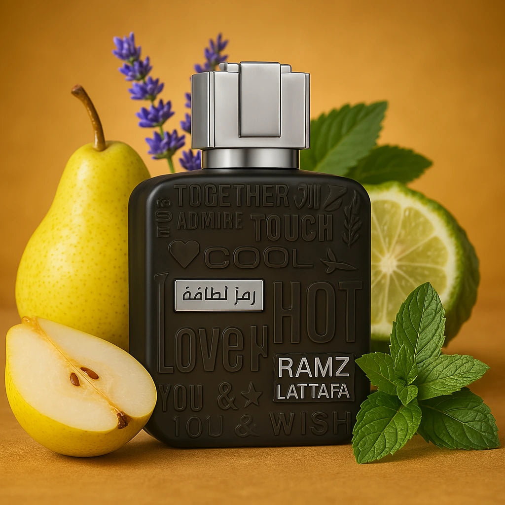 Ramz Silver Lattafa Eau de Parfum Para Hombre con fondo de frutas