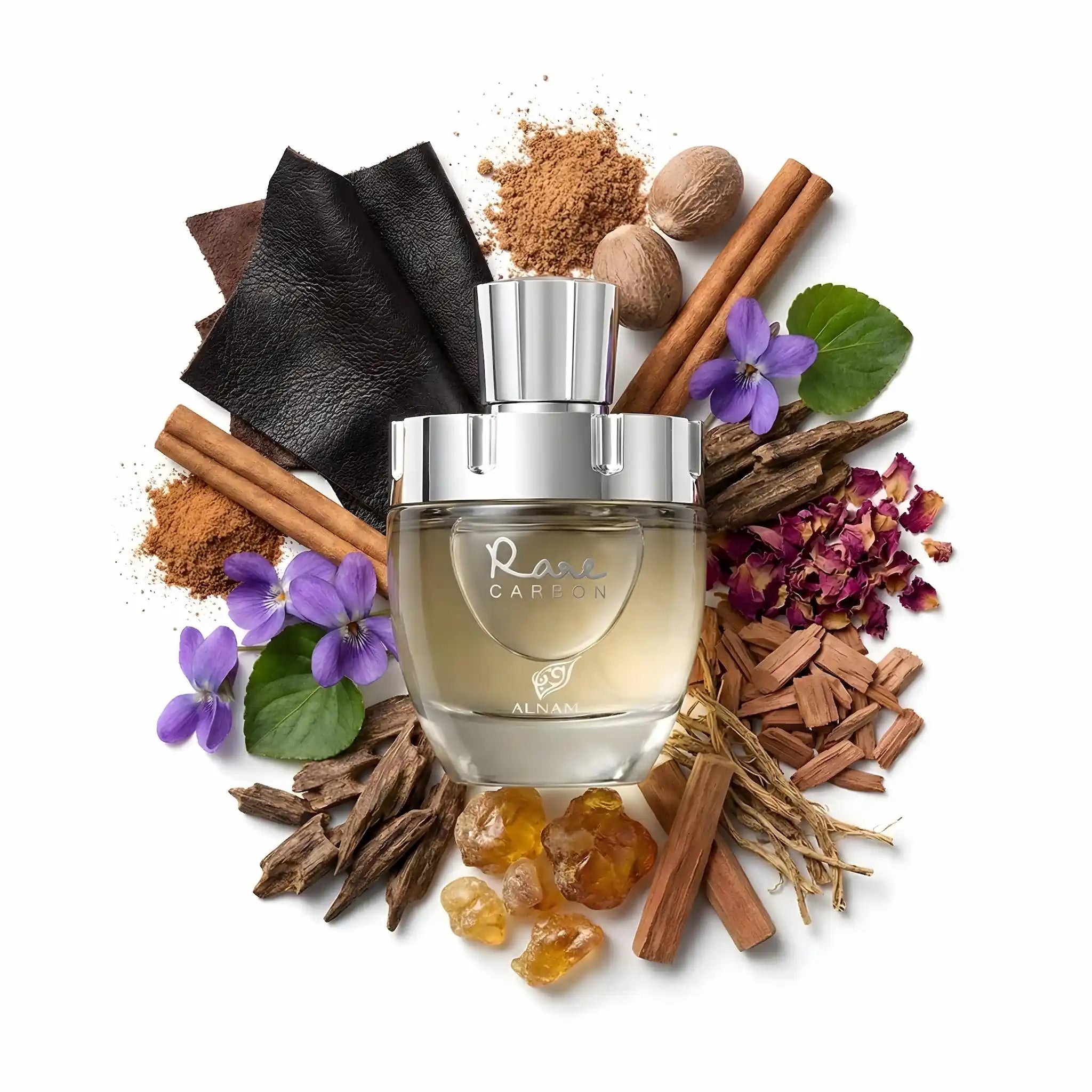 Rare Carbon Afnan Eau de Parfum Para Hombre con fondo de ingredientes