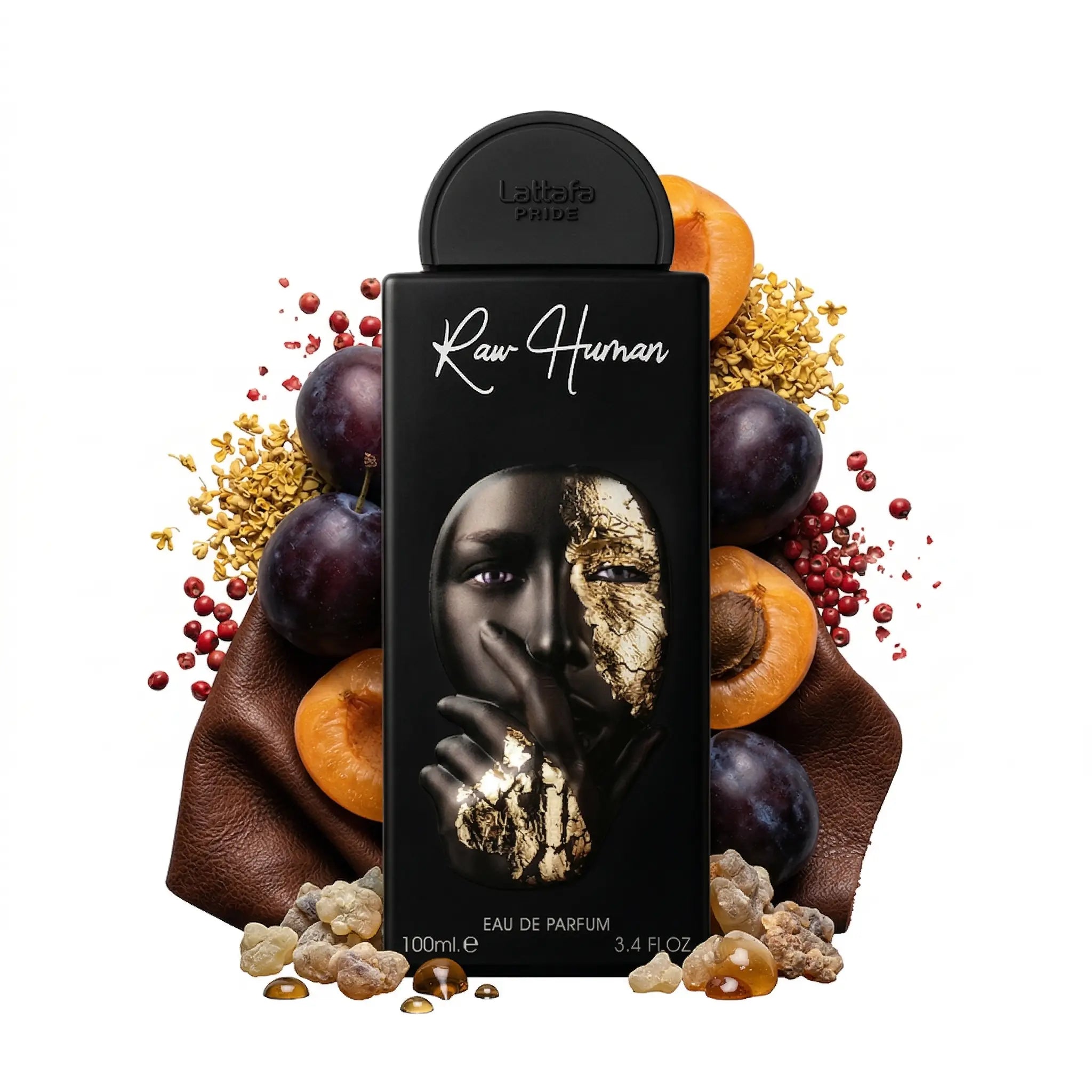 Raw_Human_Lattafa_Eau_de_Parfum_Unisex_Fondo_Blanco_Chabacano_Ciruela