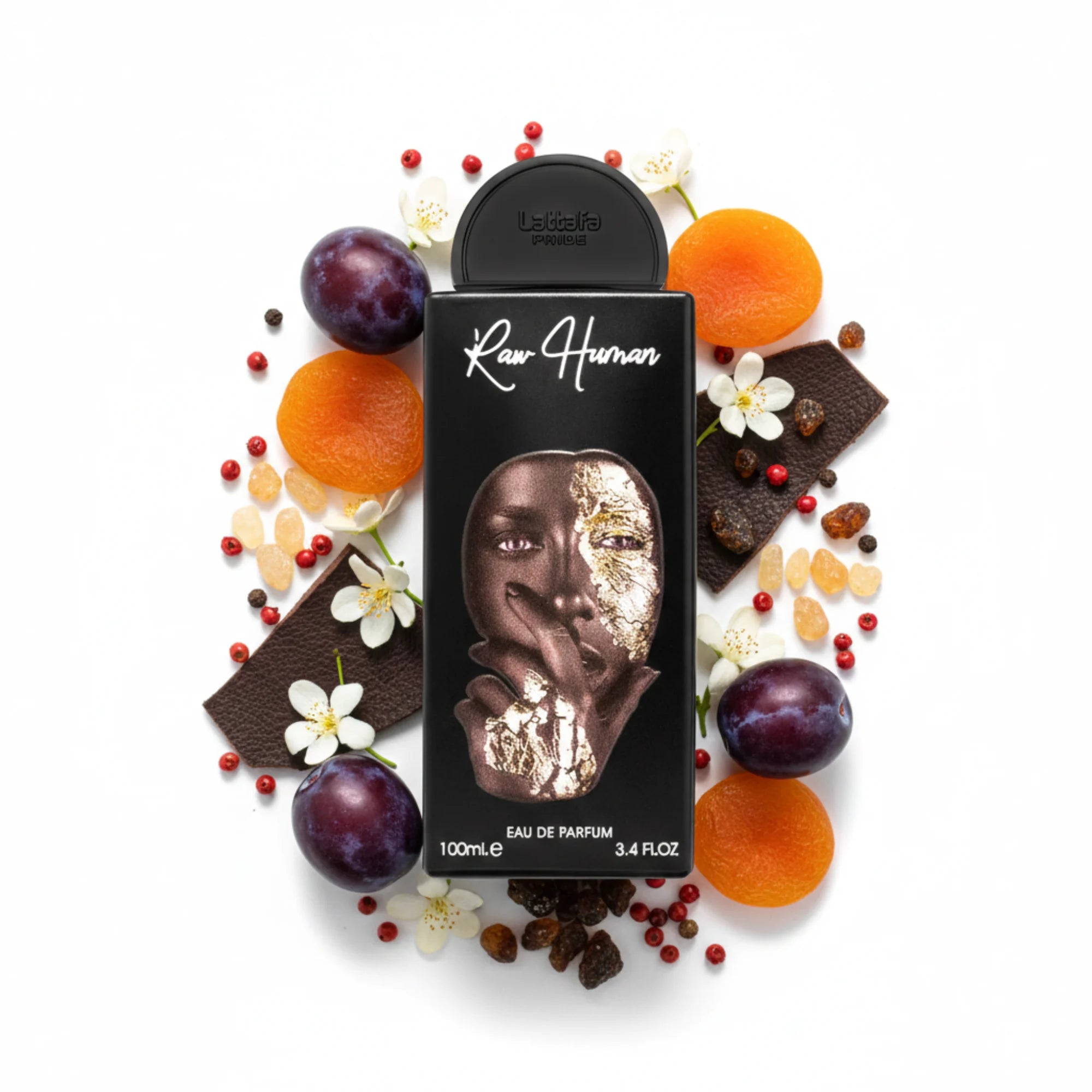 Raw_Human_Lattafa_Eau_de_Parfum_Unisex_Fondo_Blanco_Chabacano_Ciruela