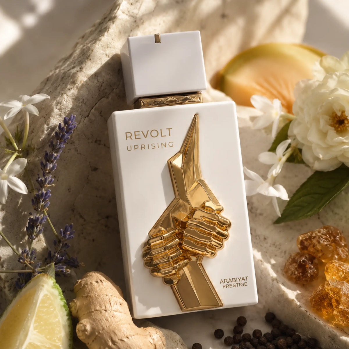 Fondo piedra e ingredientes de Revolt Uprising Arabiyat Prestige Eau de Parfum