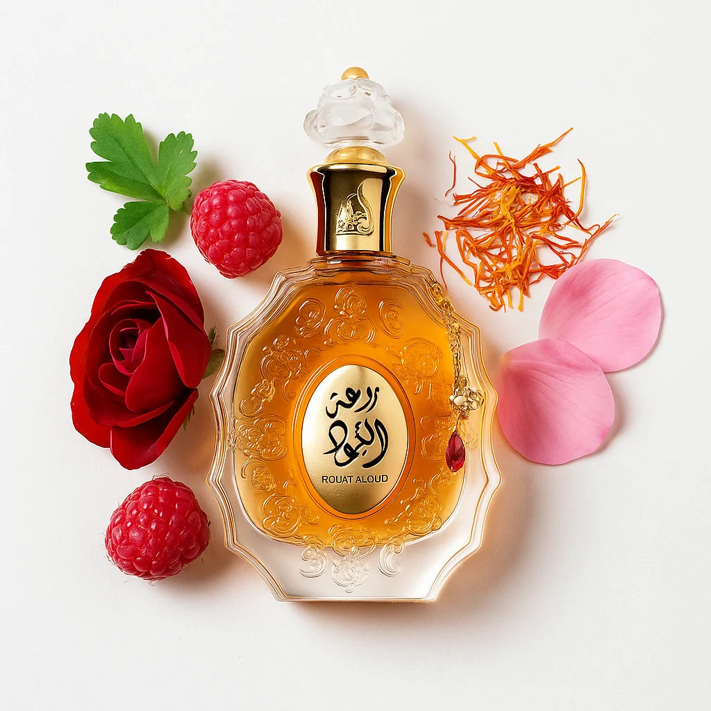Rouat_Al_Oud_Lattafa_Eau_de_Parfum_Unisex_Fondo_Blanco_Azafran_Frambuesa_Rosa_Geranio