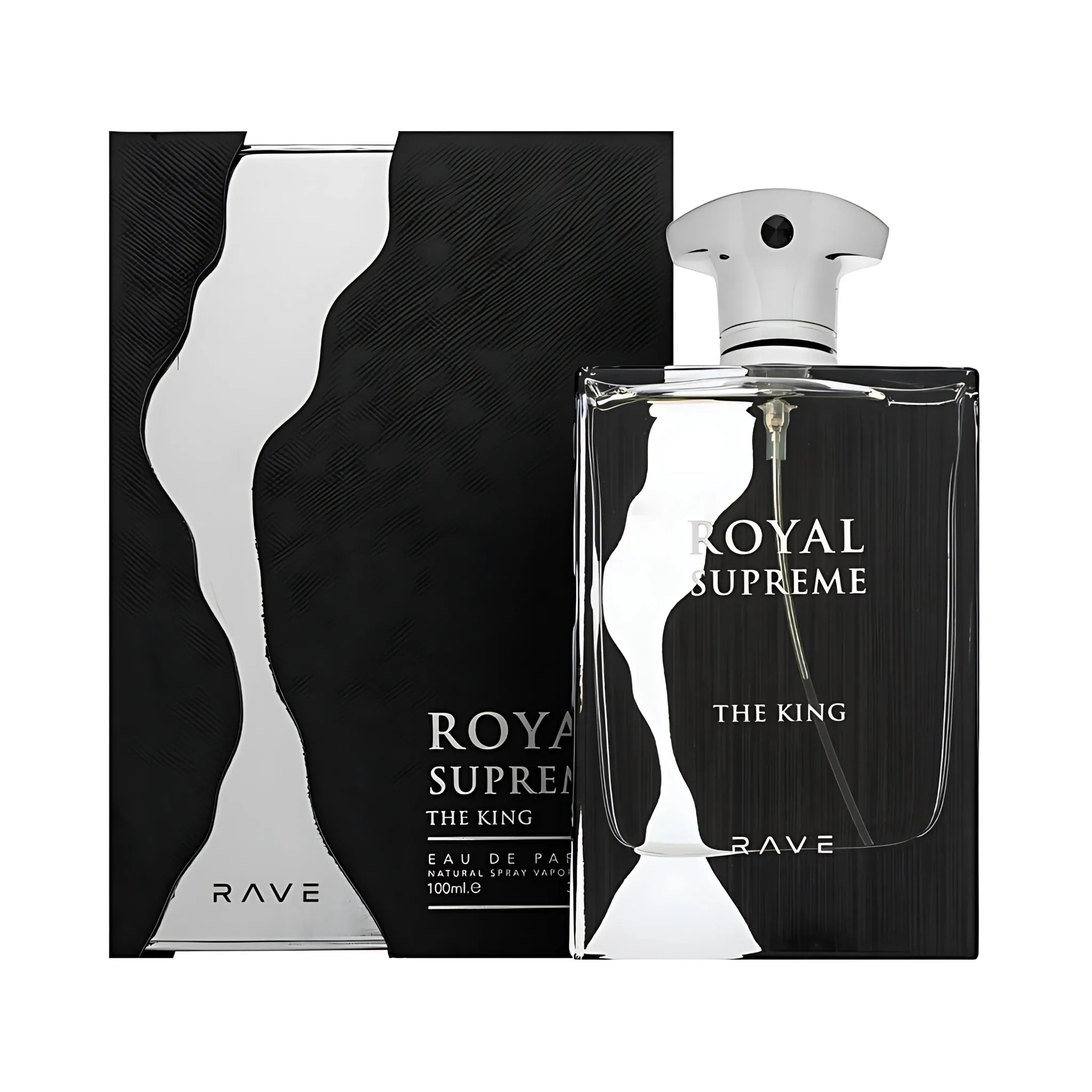 Frasco y caja de Royal Supreme King Rave Eau de Parfum Unisex