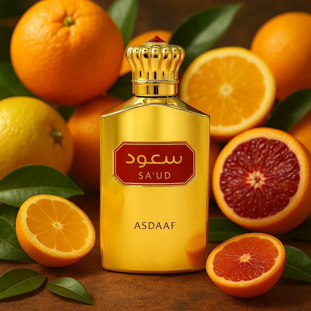 Sa’ud Asdaaf Eau de Parfum Para Mujer con fondo de frutas