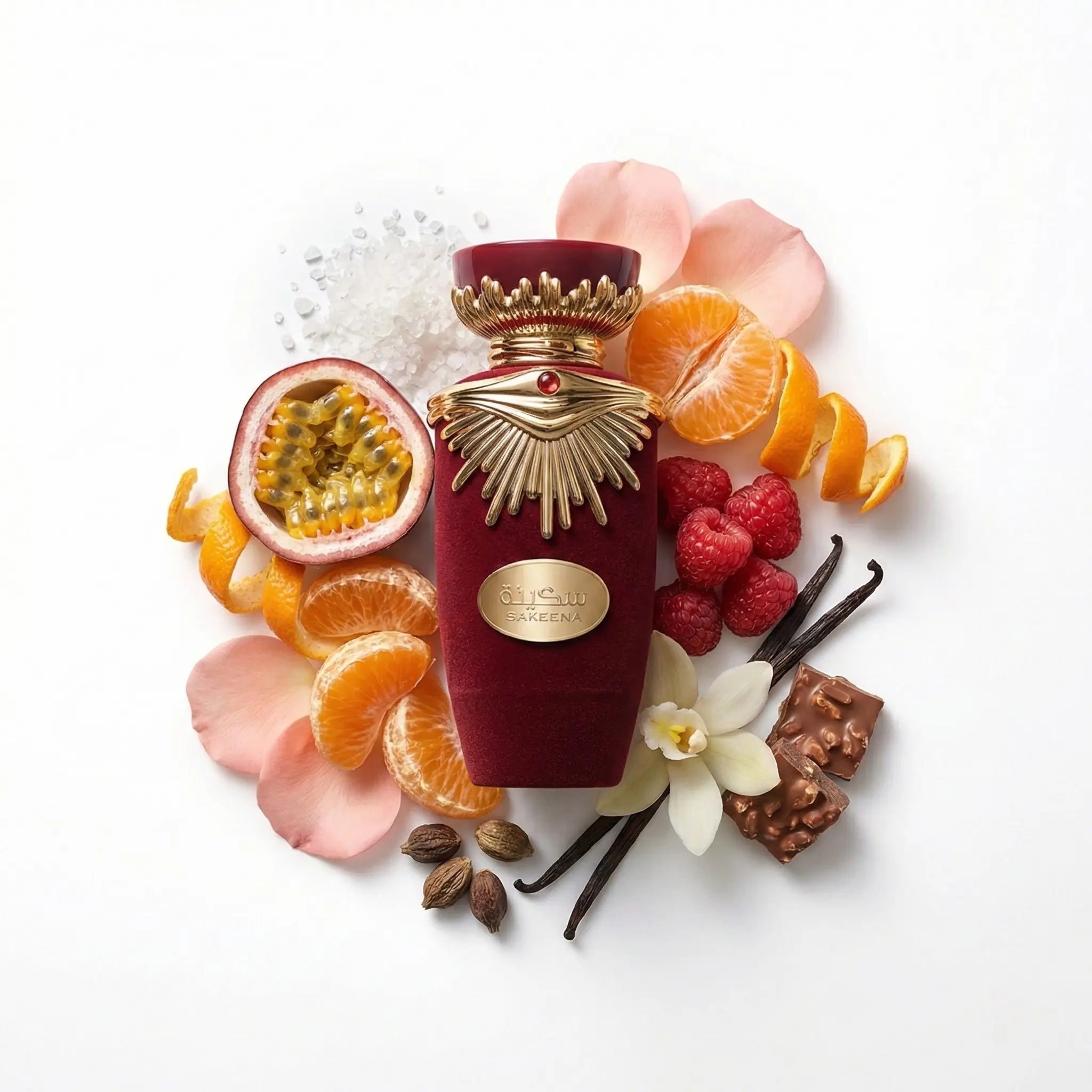 Sakeena Lattafa Eau de Parfum Para Mujer con fondo de ingredientes