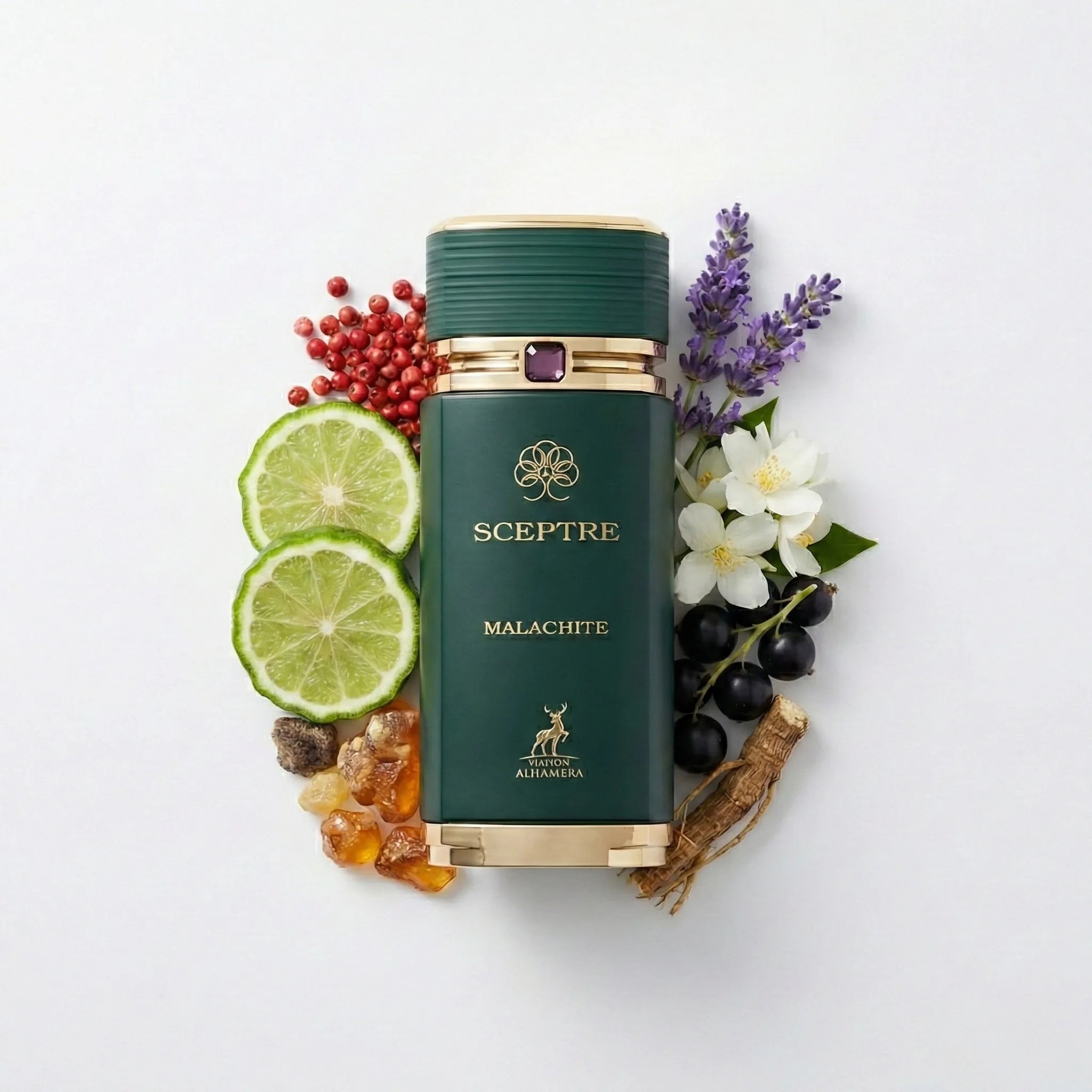 Sceptre Malachite Maison Alhambra Eau de Parfum Unisex con fondo de ingredientes