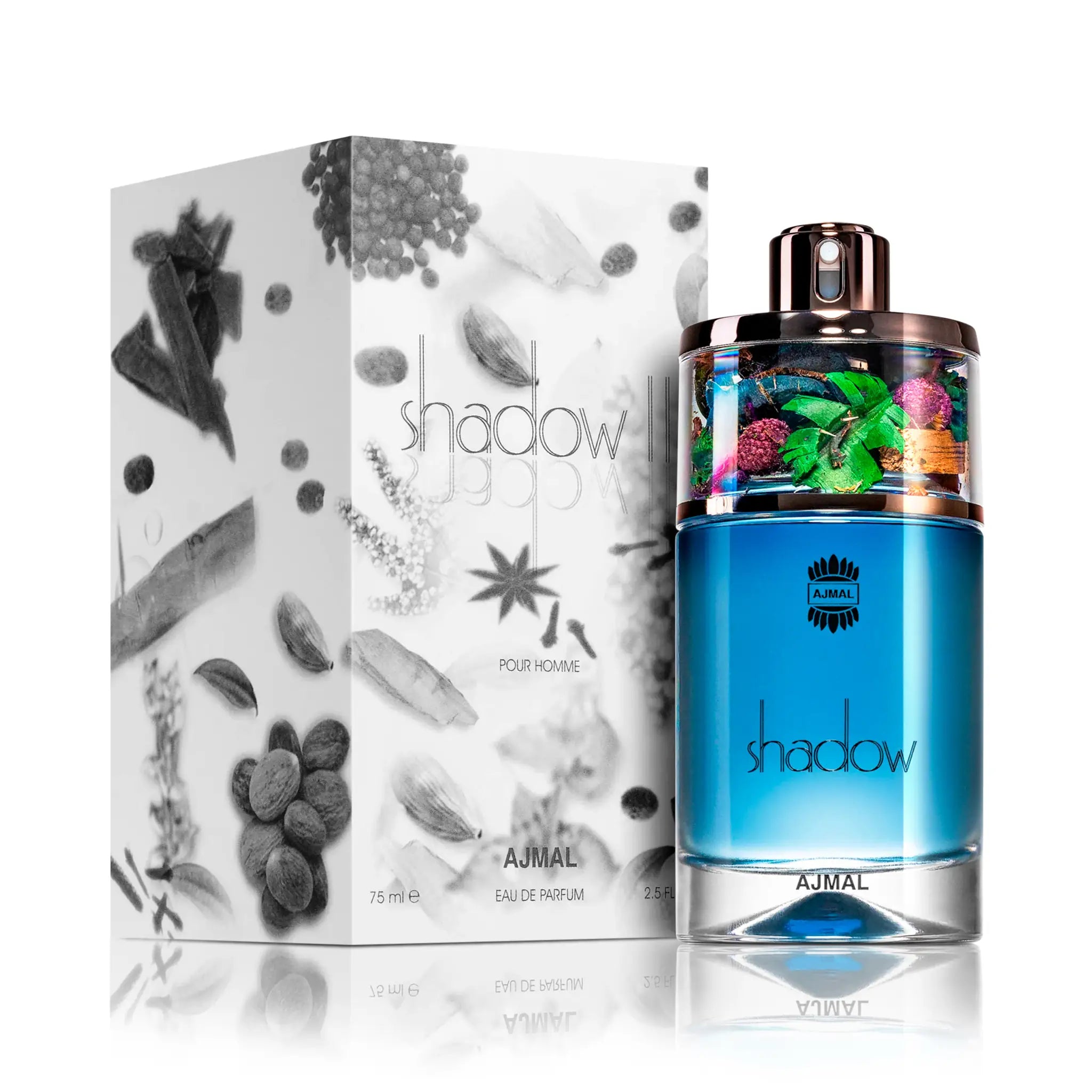 Frasco y caja de Shadow II Ajmal Eau de Parfum Para Hombre