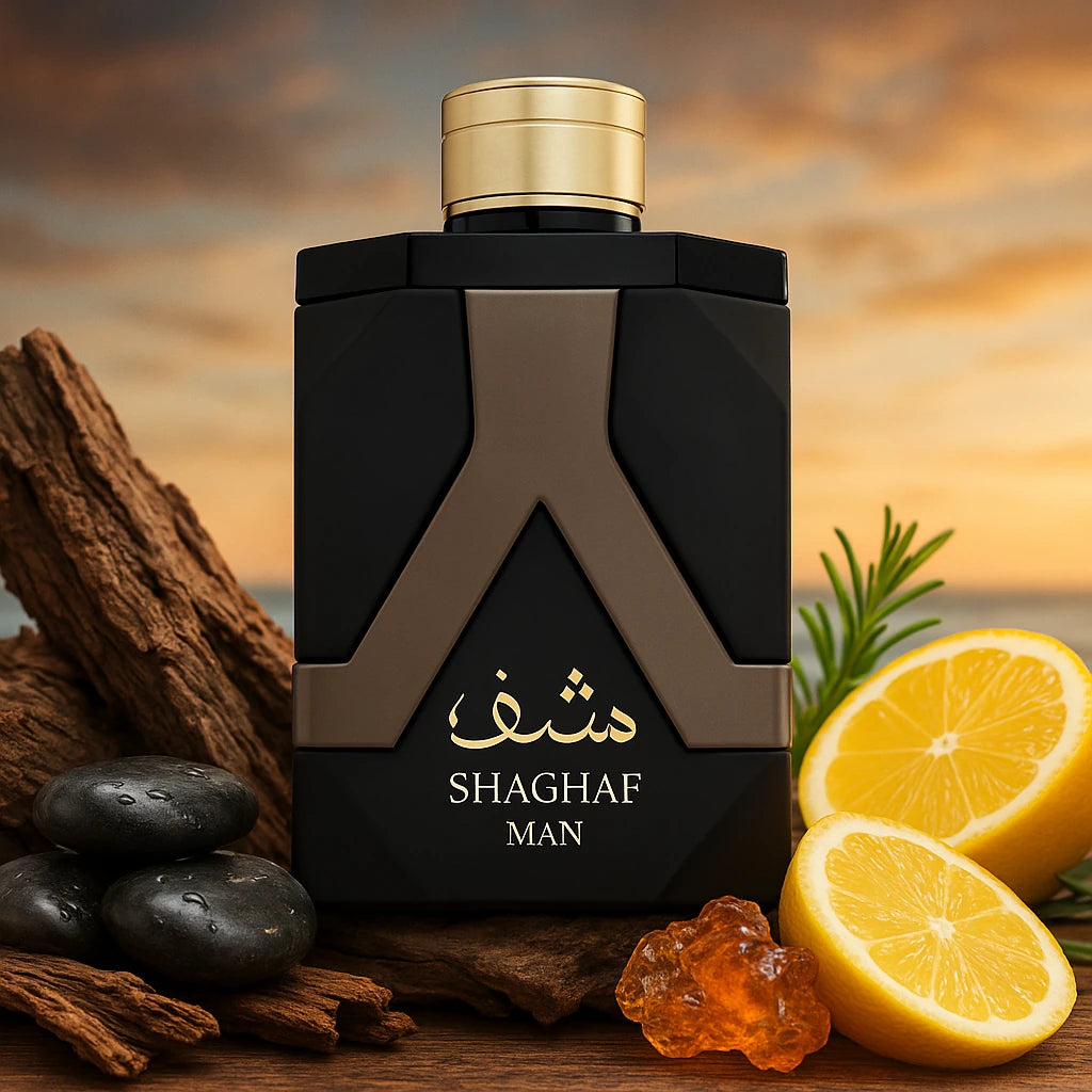 Shaghaf Man Asdaaf Eau de Parfum Para Hombre con fondo de limón