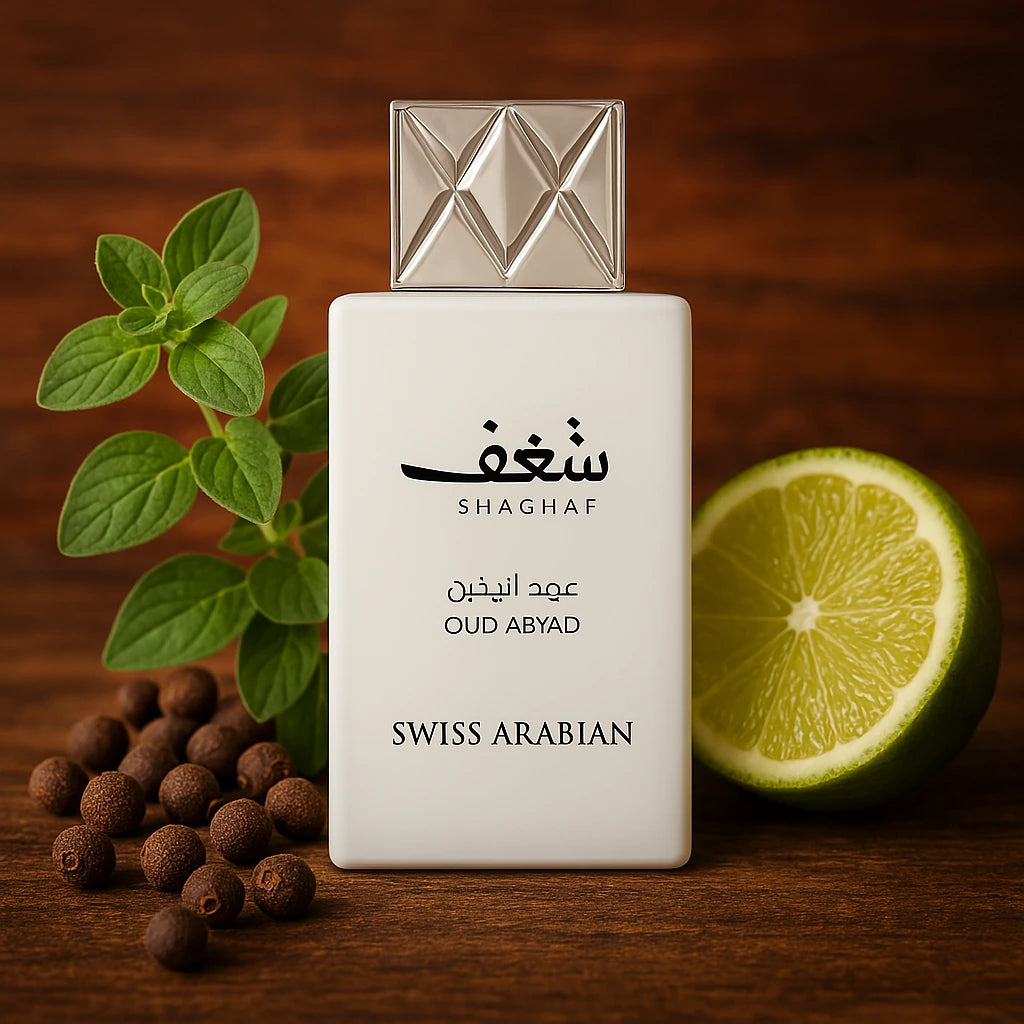 Shaghaf Oud Abyad Swiss Arabian Eau de Parfum Unisex con fondo de lima
