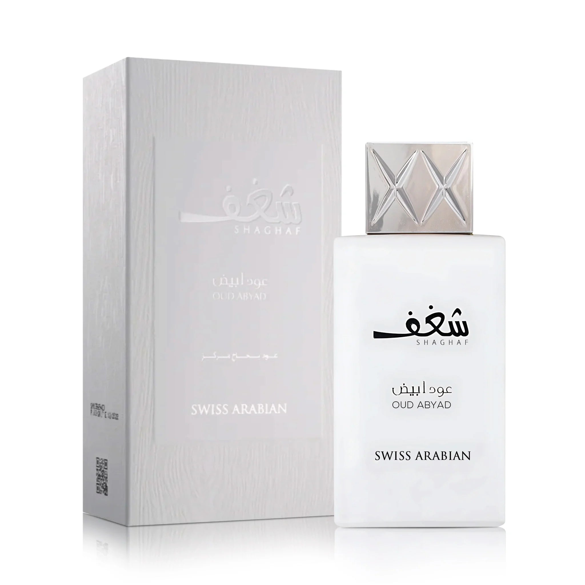Frontal del Shaghaf Oud Abyad Swiss Arabian Eau de Parfum Unisex con su caja