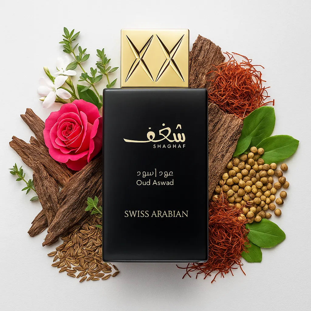 Shaghaf_Oud_Aswad_Swiss_Arabian_Eau_de_Parfum_Unisex_Fondo_Blanco_Tomillo_Comino