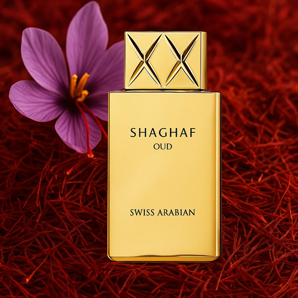 Shaghaf Oud Swiss Arabian Eau de Parfum Unisex con fondo de pimentón