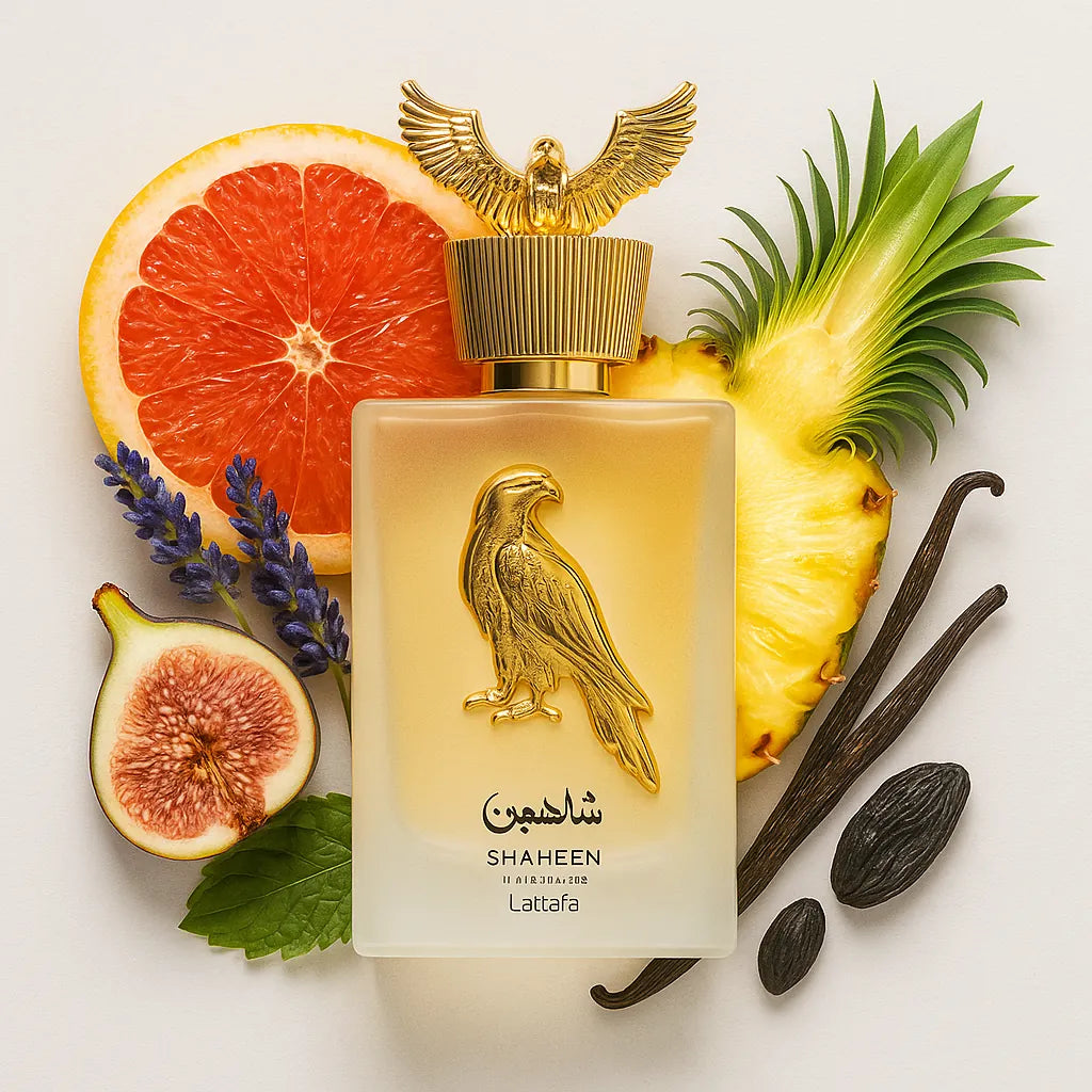Shaheen_Gold_Lattafa_Eau_de_Parfum_Unisex_Fondo_Blanco_Higo_Piña