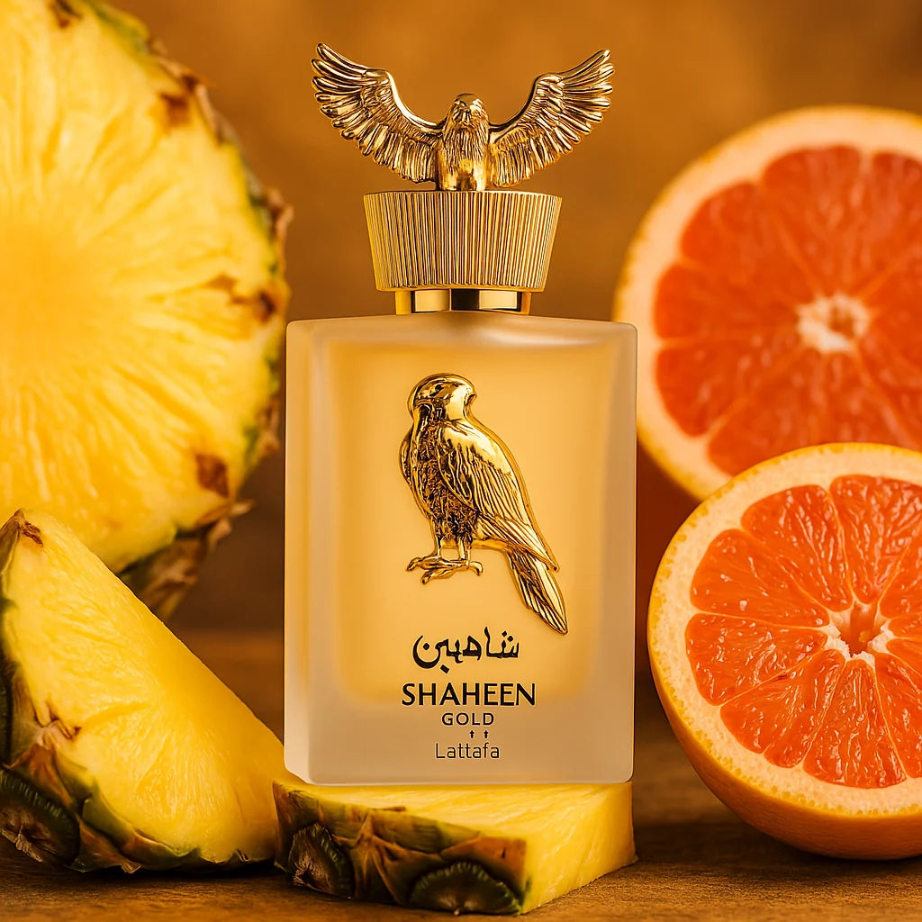 Shaheen Gold Lattafa Eau de Parfum Unisex con fondo de frutas