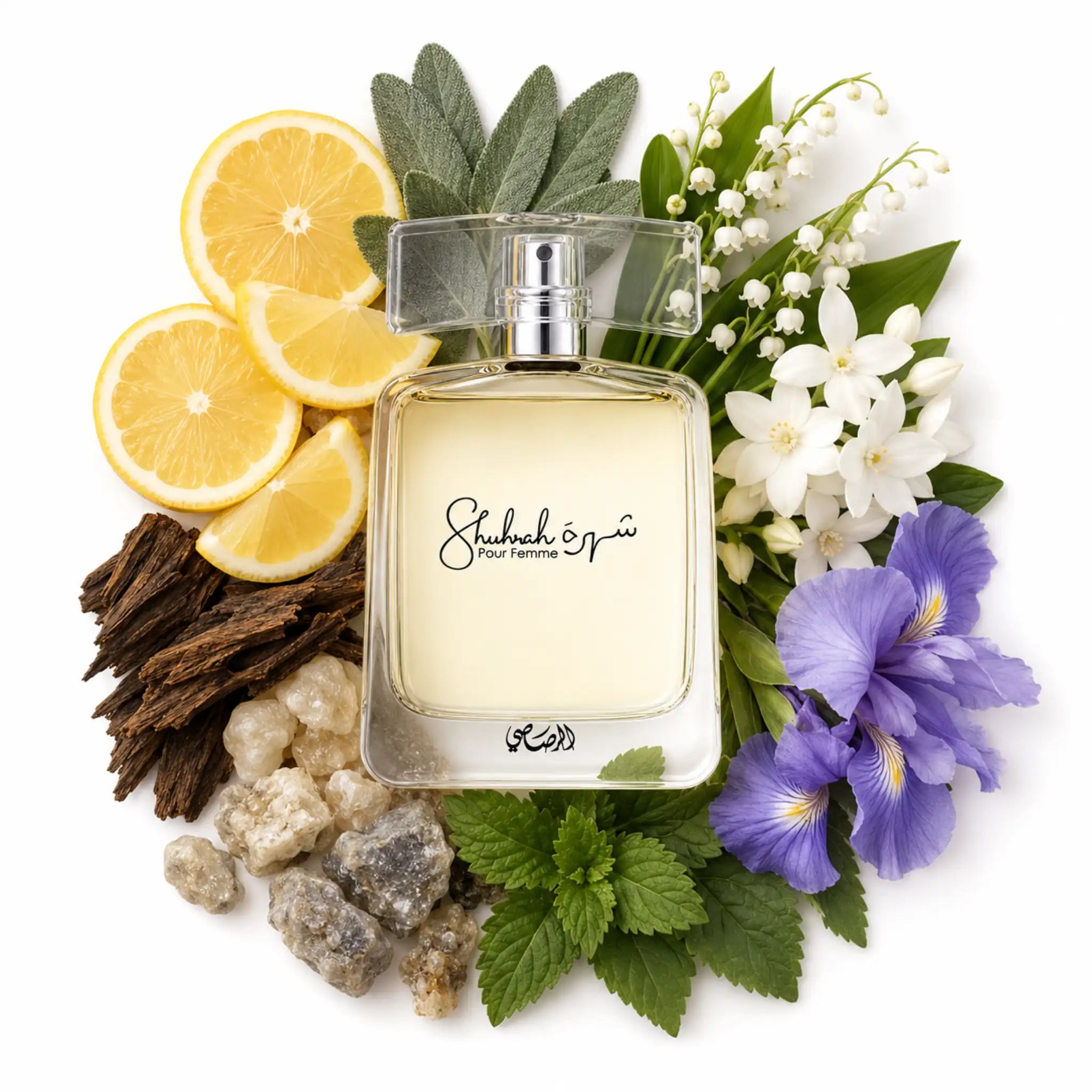 Shuhrah_Pour_Femme_Rasasi_Eau_de_Parfum_Para_Mujer_Fondo_Blanco_Salvia_Limon